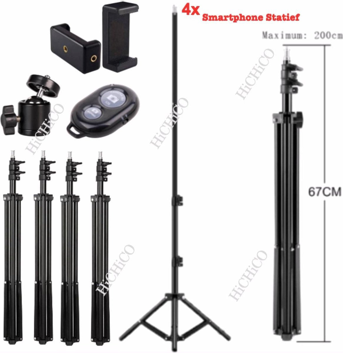 4x HiCHiCO Camerastatief 210Cm Voor Fotocamera en Smartphone - iPhone - Canon - Nikon - Spiegelreflexcamera Inc. Bluetooth Remote Shutter