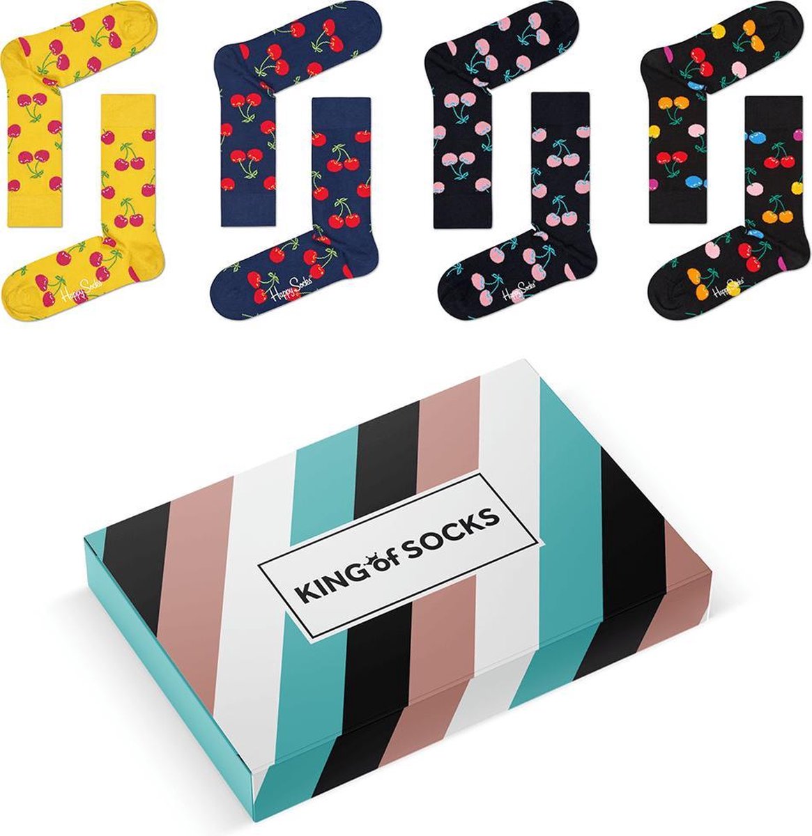 Happy Socks Heren Sokken - Happy Cherry | 4-pack – mannen sokken Maat 41-46 | Cherry sokken editie – 4 paar Happy Socks + Giftbox van King of Socks – Fleur je dag op!