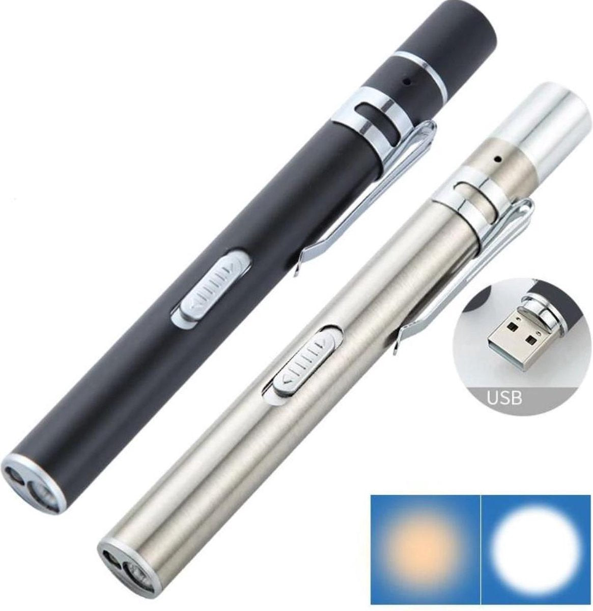 2 stuks RVS penlight - usb oplaadbare zaklamp zwart - zilverkleur