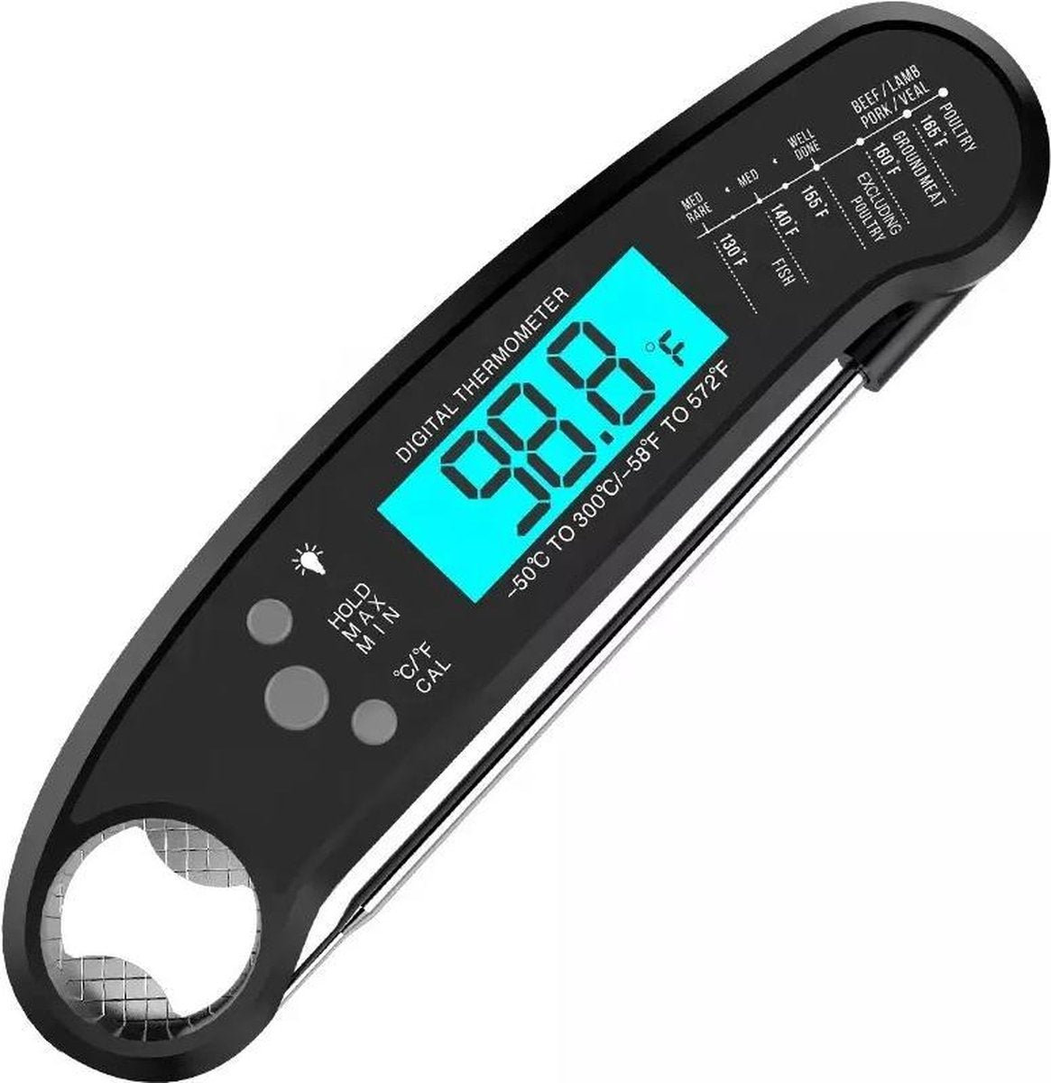 BBQ Thermometer l Meater l Vleesthermometer l Vleesthermometer digitaal |Gratis batterij | Waterdicht | Inclusief blik-flesopener | Zwart |