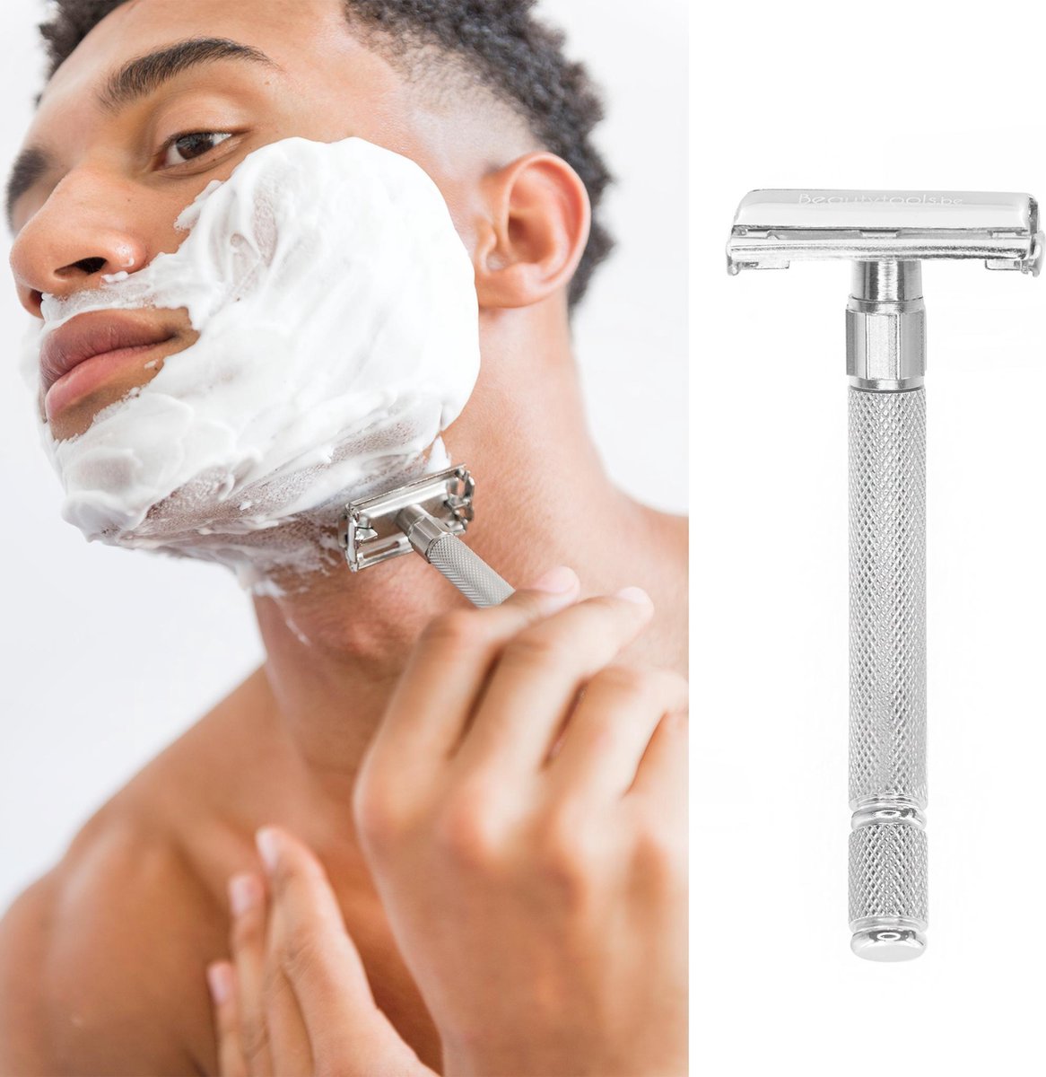 Beautytools INOX Safe -Shave Krabber / Double Edge Safety Razor Scheermes voor een veilige en gladde scheerbeurt - Incl. 10 Derby Double Edge mesjes en Opbergdoos (SR-1802)