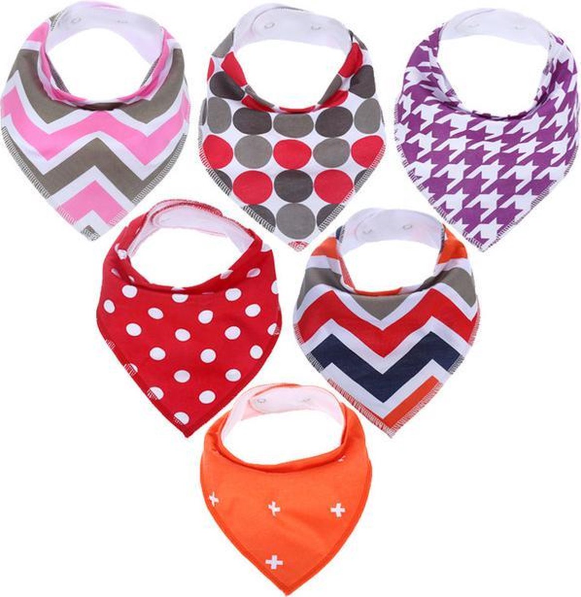JillyBee - Slab - Slabbetje - Slabber - Bandana - 6pack - Zigzag - Rondjes - Stipjes - Kruisjes - Roze - Paars - Wit