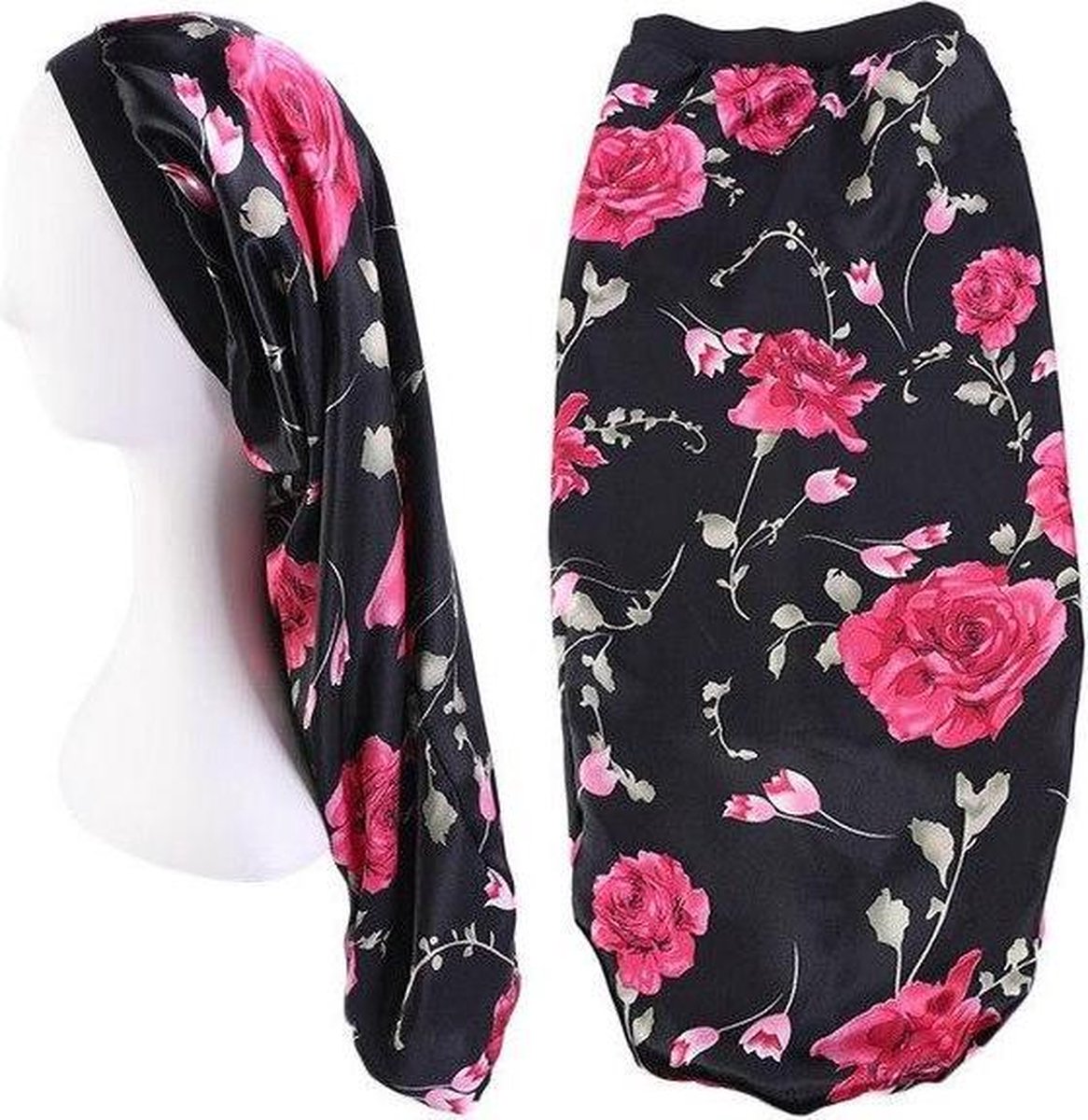 Afabs® Satin Bonnet voor Dreadlocks / Braids / Rasta - Zwart roze bloemen Dreadsock / Satijnen Slaapmuts / Hair Bonnet