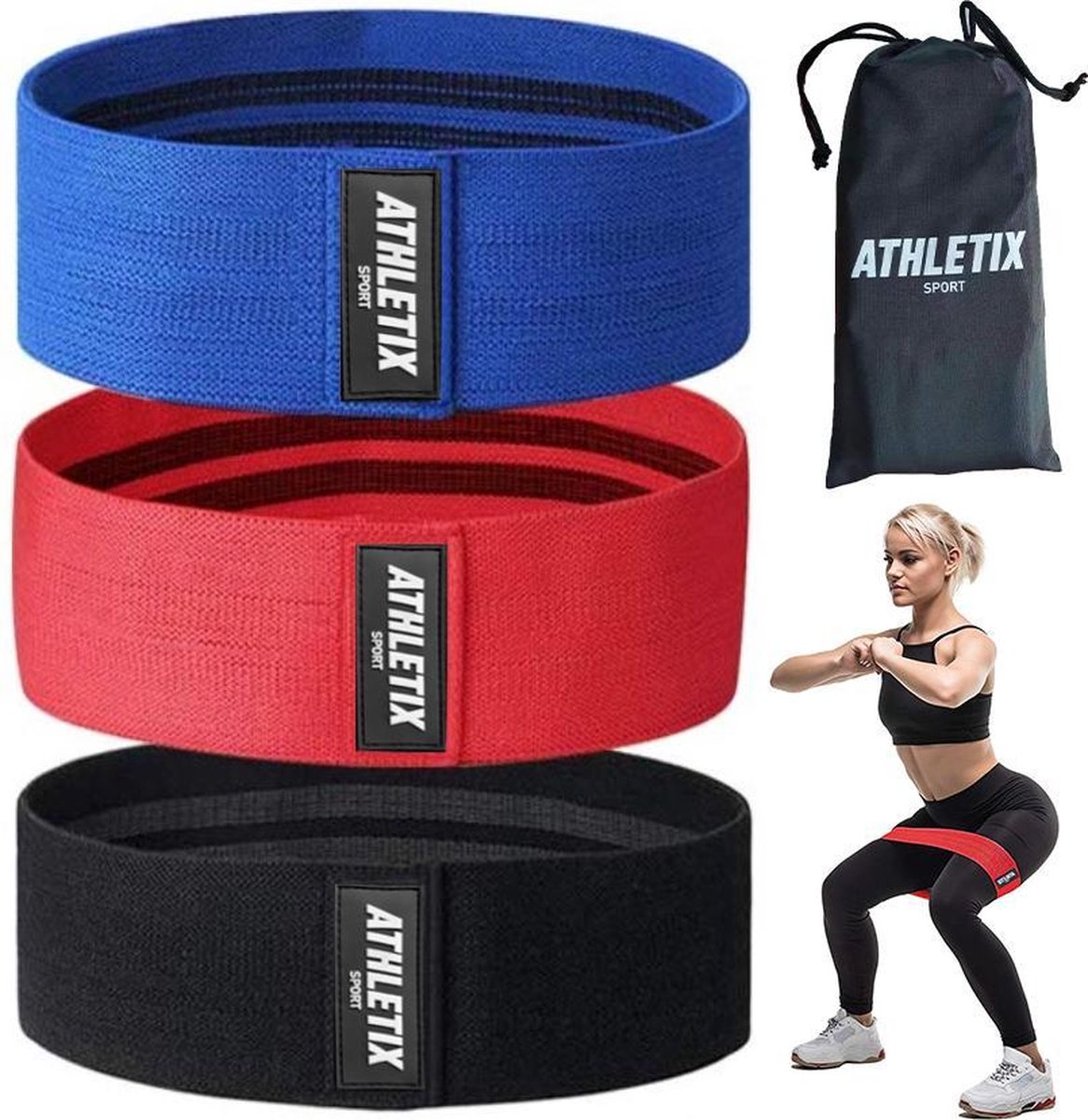 Athletix® - Weerstandsbanden Set - 3 Sport Elastiek Banden - Met Gratis Draagtas - Hip bands - 3 Resistance Bands - Fitness Fitnessband