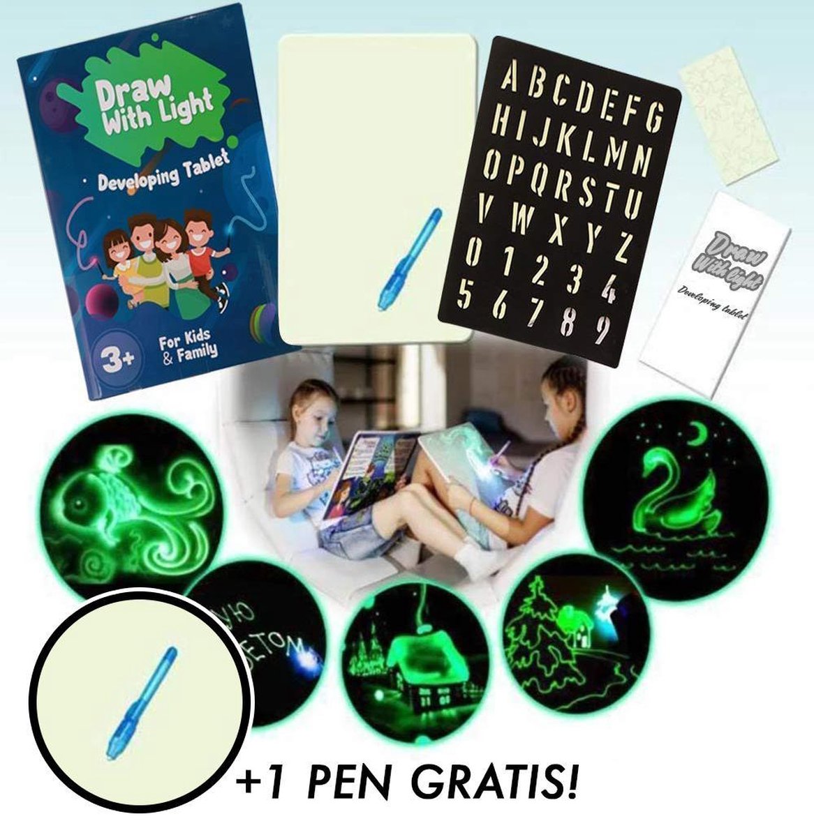 Magisch tekenbord + 3 Extra LED pen -Tekenen Met Licht - Lichtgevend Tekenbord - Educatief Speelgoed - A4