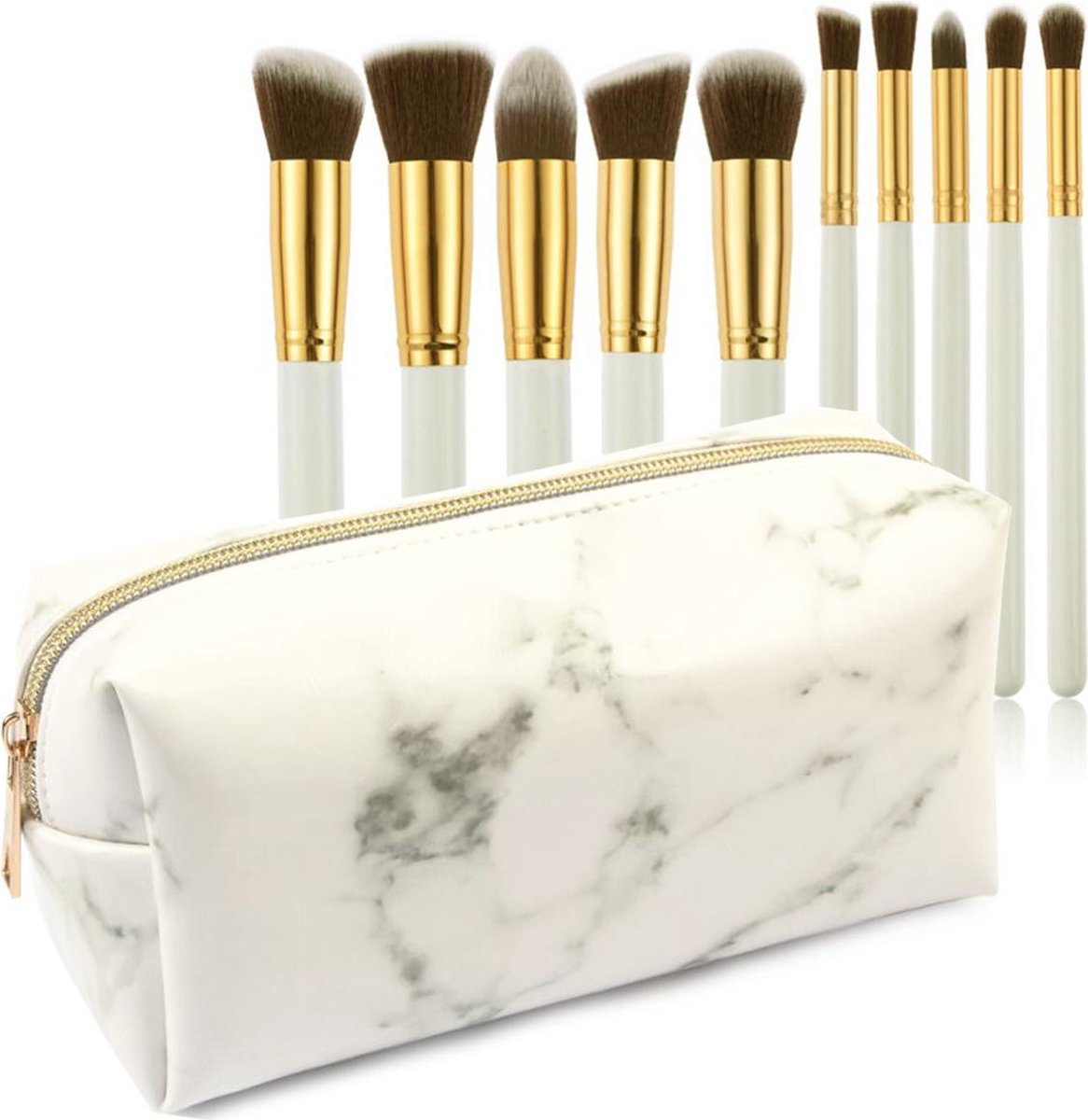 Evvie set van 10 make-up kwasten kabuki - Wit-Goud