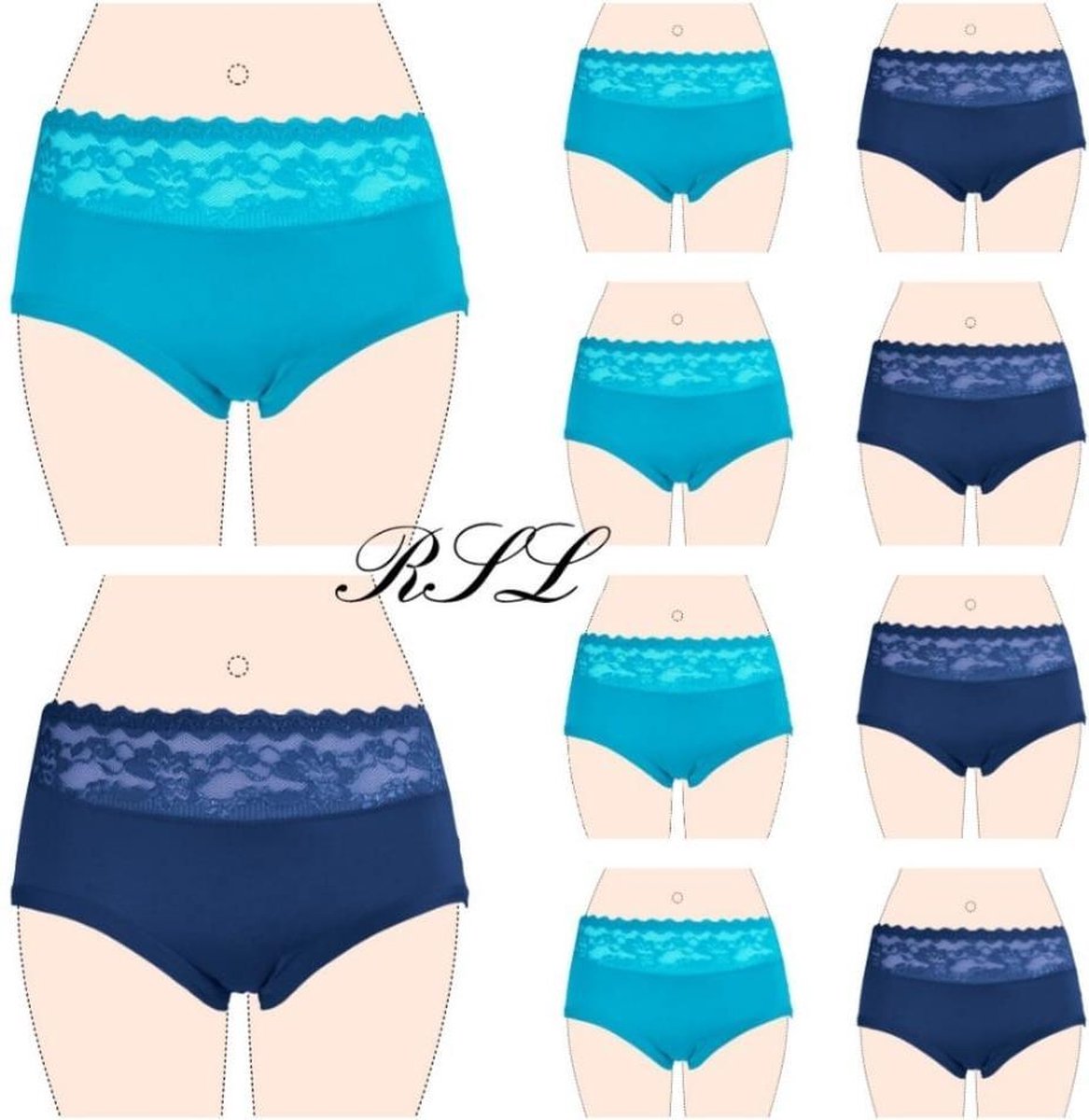Dames slips 10 pack met kant XXL 44-52 lichtblauw/donkerblauw