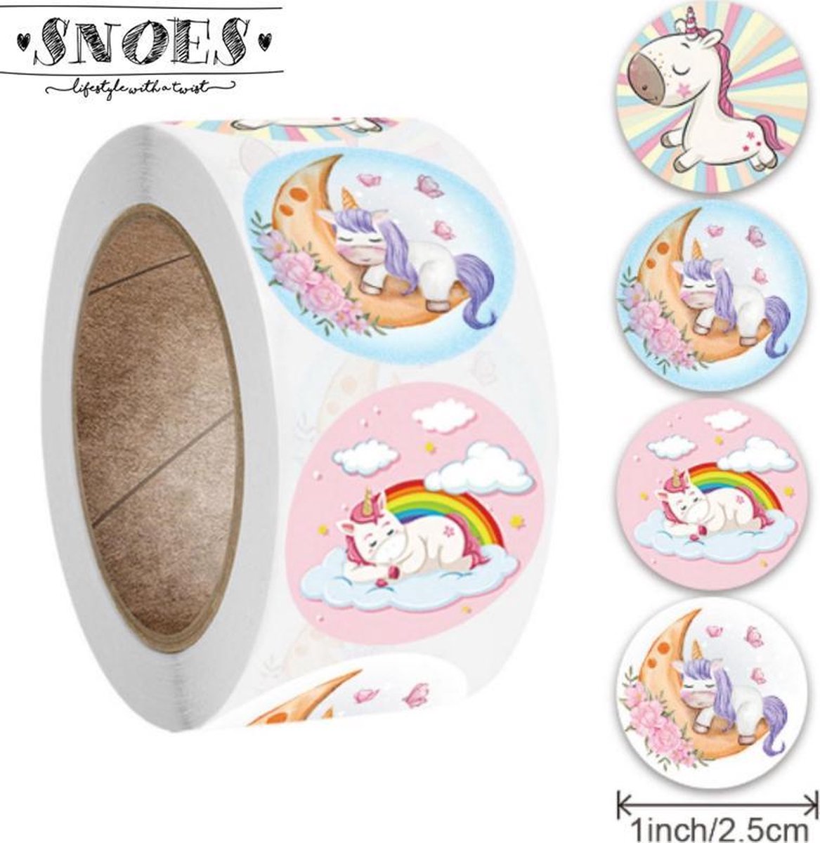 Snoes - sluitstickers 500 stuks - stickerrol - unicorn eenhoorn stickers - beloningsstickers - stickers voor kinderen - schoolspullen - onderwijs - stickervellen - peuters - kleuters - dieren sticker - cadeau - kado - inpakken