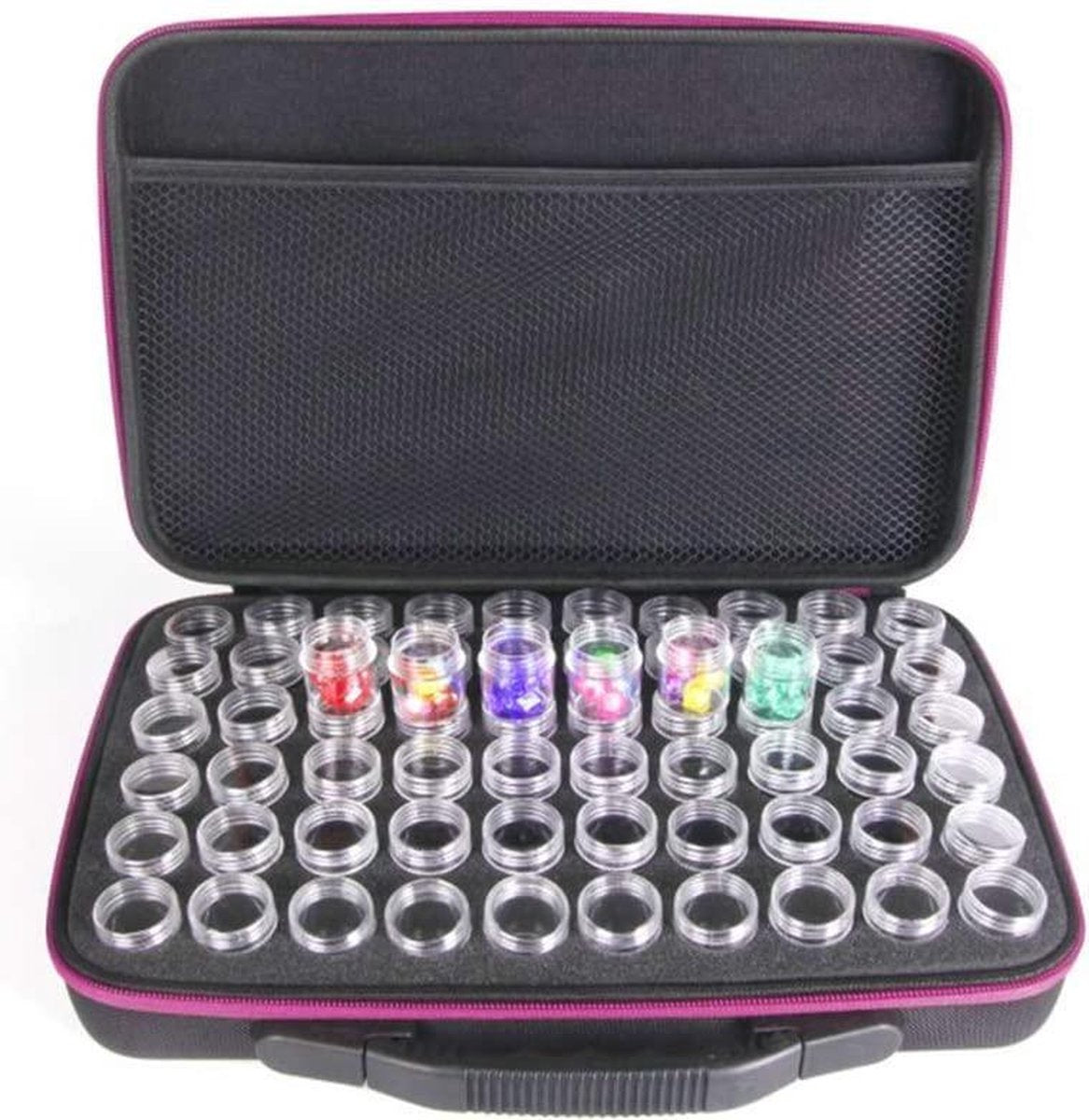 Vitamo™ Premium Diamond Painting Opbergkoffer met 60 Ruime Sorteerpotjes en Opbergvak + Gratis Stickers - Opbergdoos - Sorteerdoos - Schroefdop Potjes - Steentjes Sorteren - 32x22
