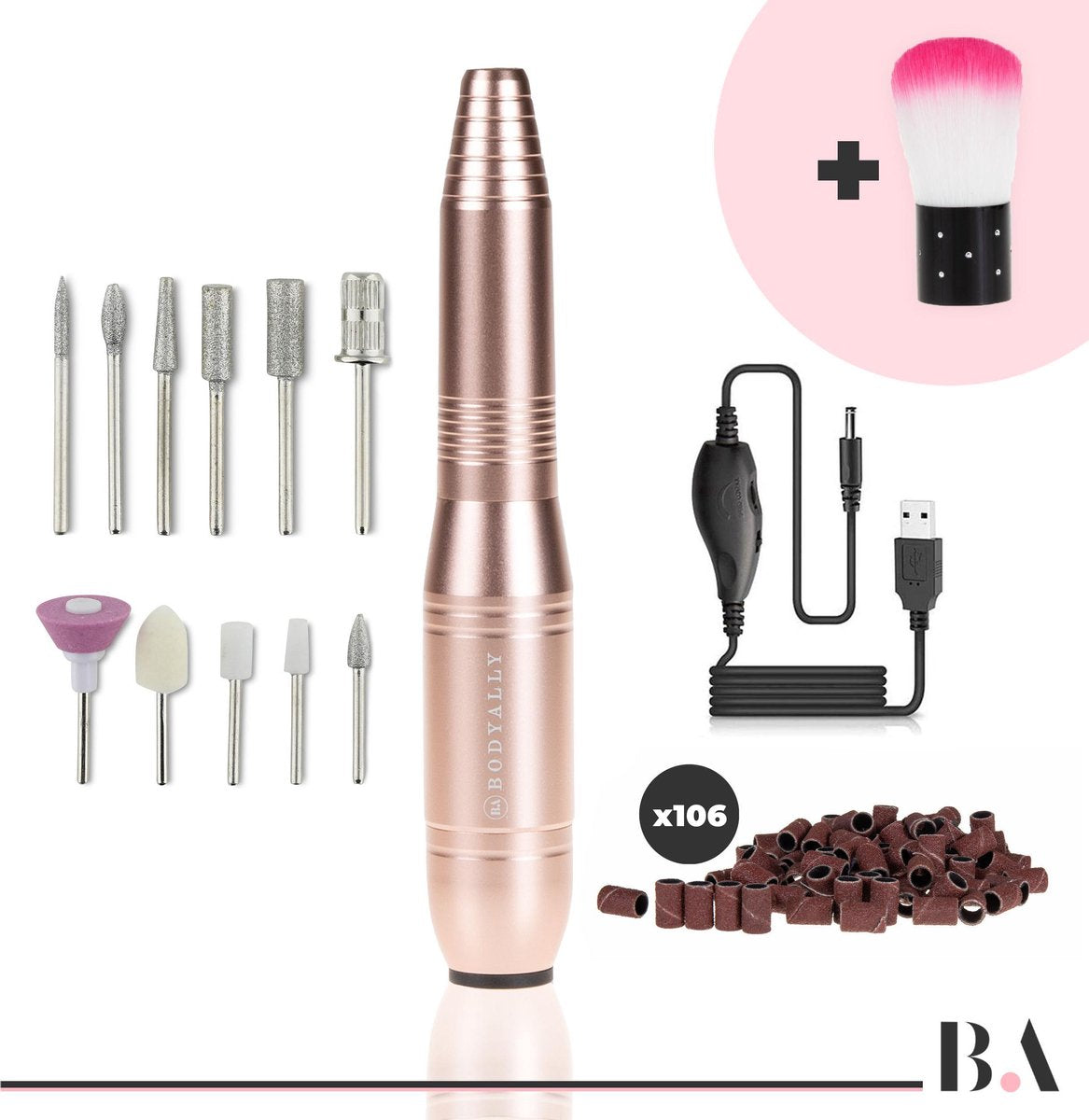 Bodyally Elektrische Nagelvijl - 11 Nagelfrees Bitjes & 106 Schuurrolletjes - Manicure / Pedicure set - met Stofkwast