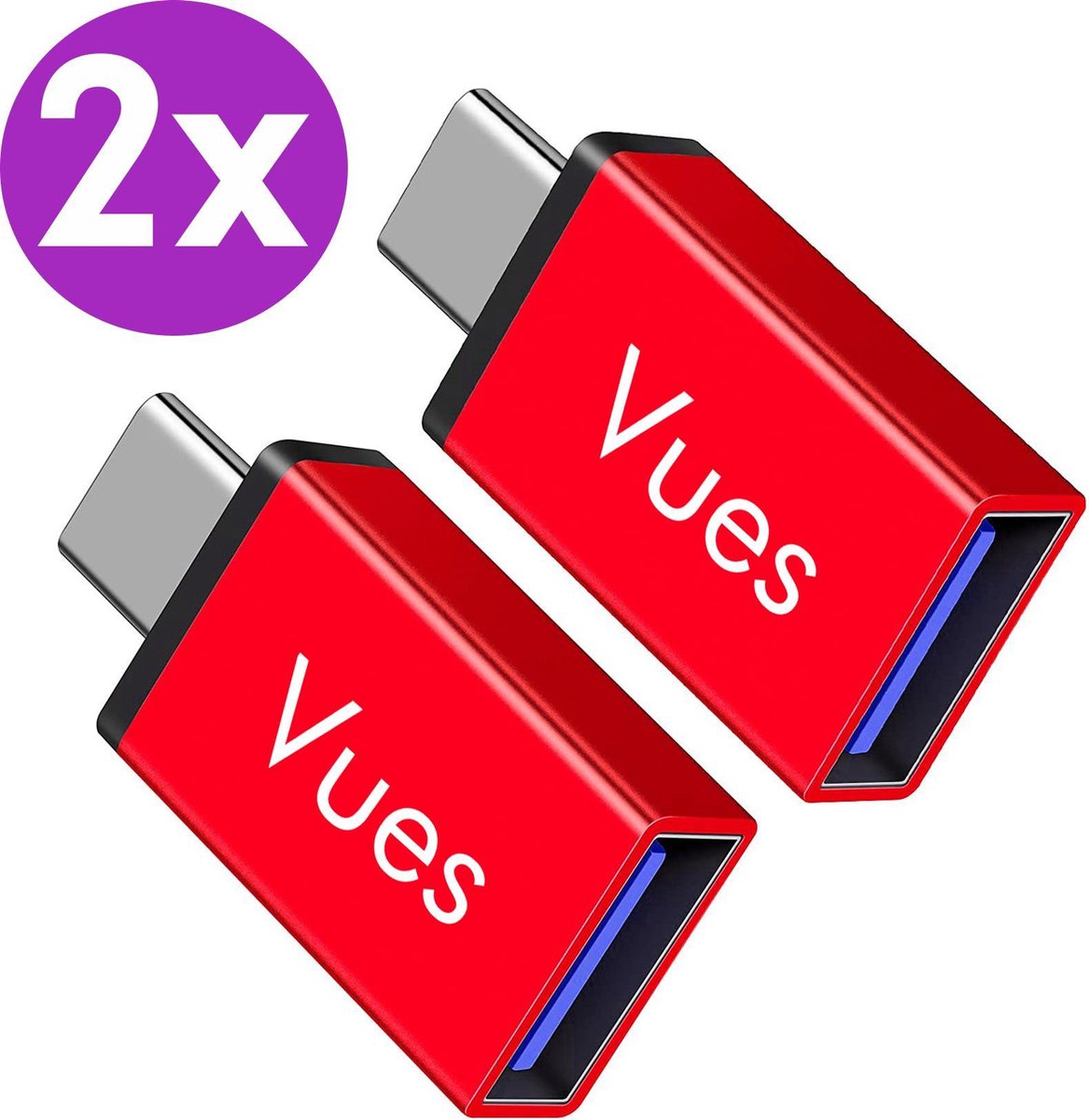 Set van 2 USB-C naar USB-A adapter OTG Converter USB 3.0 - USB C to USB A HUB Verloop - Rood