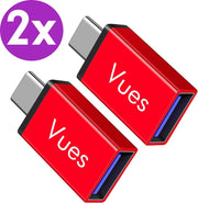 Set van 2 USB-C naar USB-A adapter OTG Converter USB 3.0 - USB C to USB A HUB Verloop - Rood