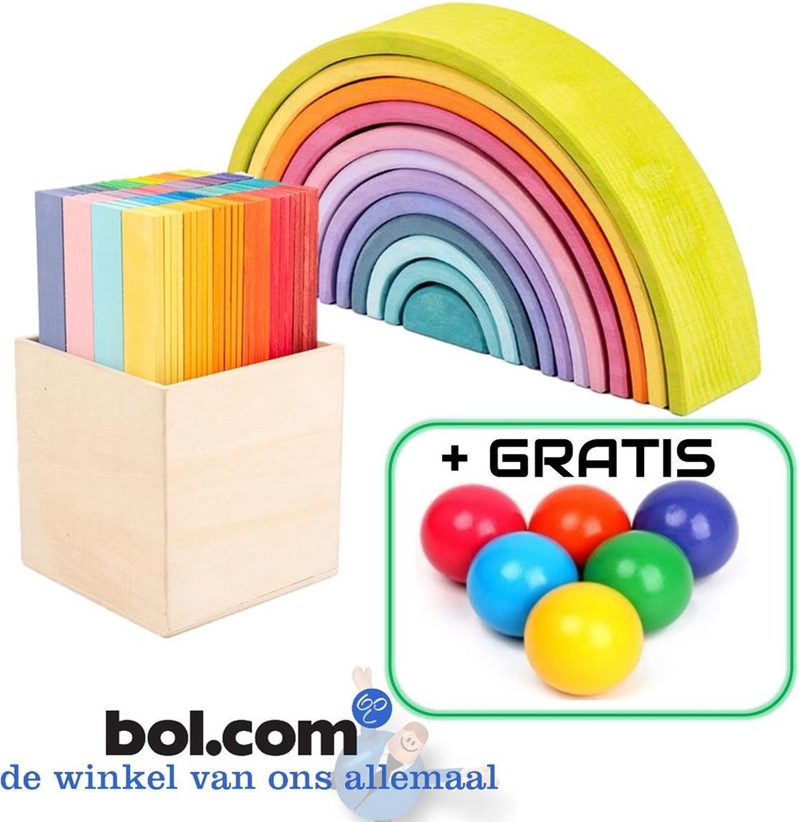 CRISPY | Regenboog Combinatie Set | Open Ended Play! | Montissori Speelstenen | Educatief Speelgoed | Houten Regenboog PASTEL | Leonardo's Bridge Blokken 100 stuks | met GRATIS Houten Ballen 6 stuks