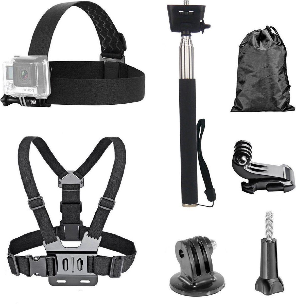 Accessoires Set voor GoPro en Action Cams – Borstharnas – Hoofdband – Stick – Mounts – Opbergzakje