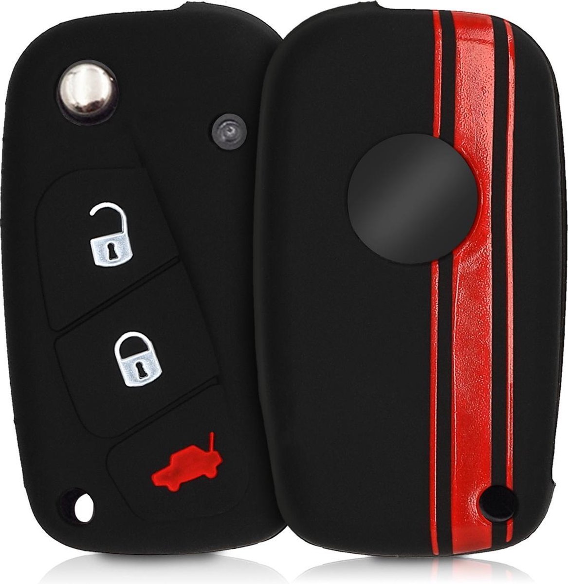 kwmobile autosleutelhoes voor Fiat Lancia 3-knops autosleutel - Siliconen beschermhoes in rood / zwart - Rallystrepen design