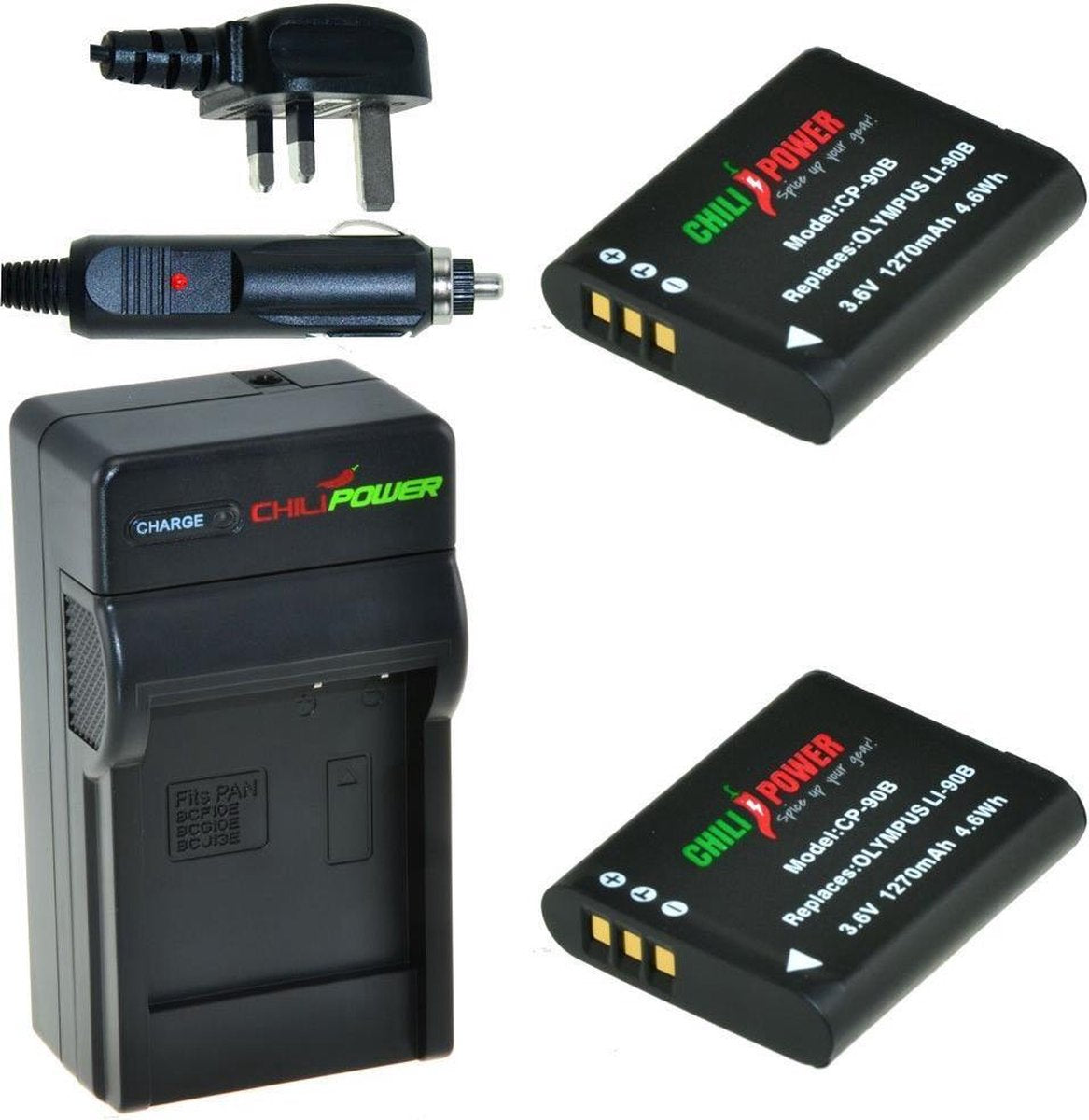 ChiliPower 2 x Li-90B accu's voor Olympus - Charger Kit + car-charger - UK versie