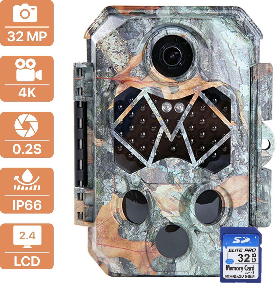 Abtena® Wildcamera met Nachtzicht en SD kaart - Camera Voor Buiten - 32 MP / 4K Ultra HD - Draadloos & Waterdicht - Camouflage