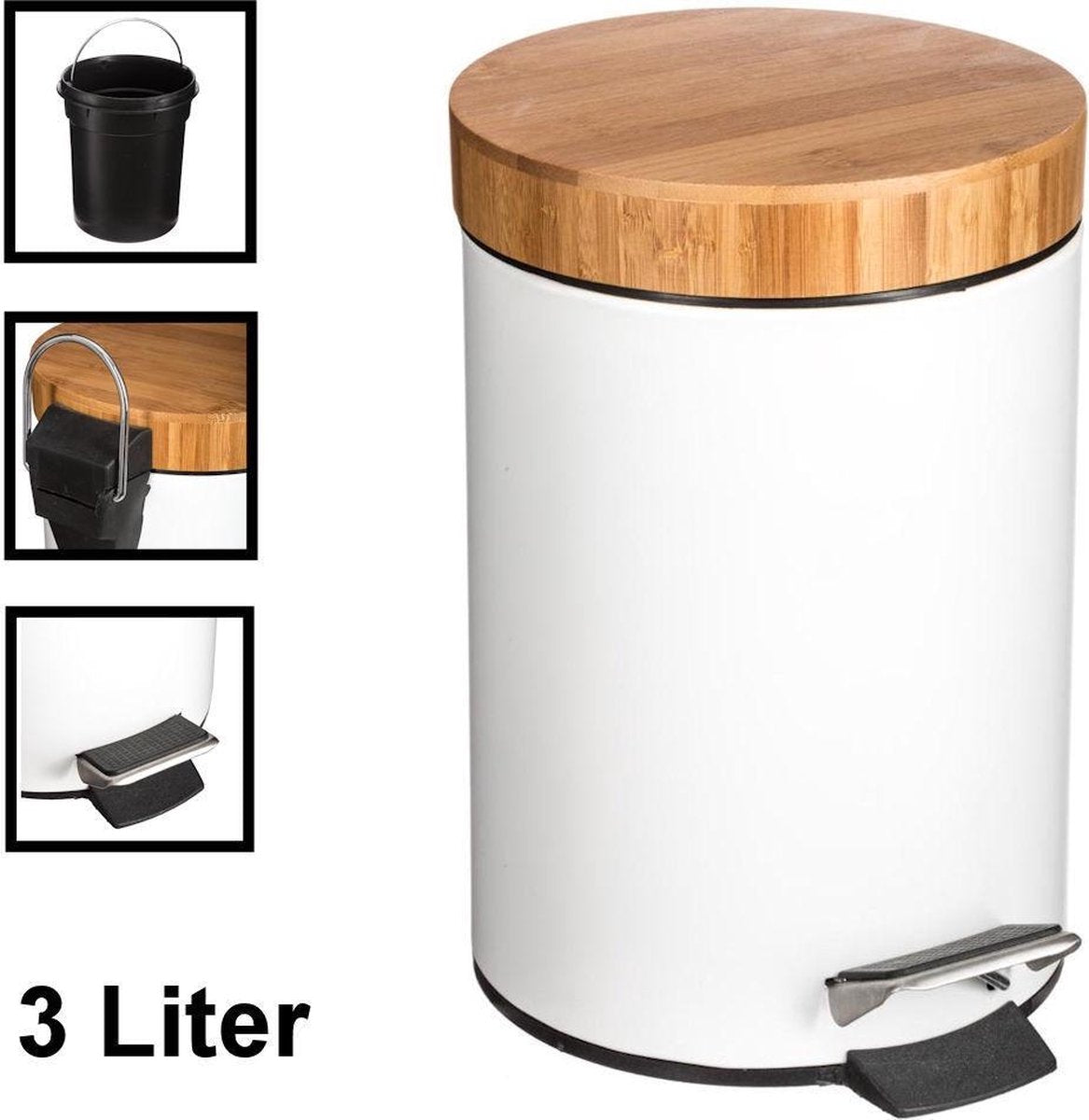 Decopatent® Pedaalemmer 3 liter - Met Bamboe Houten Deksel - Pedaalemmer 3L - Prullenbak - Keuken toilet - 17Øx25.5 Cm - Mat Wit