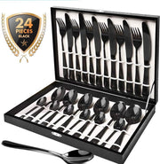 Mastersøn - Luxe Bestekset - Met Luxe Koffer - 24 Stuks - 6 Persoons - Hoogglans Zwart - RVS - Gepolijst - Mes - Vork - Lepel - Theelepel - Geschenkset -