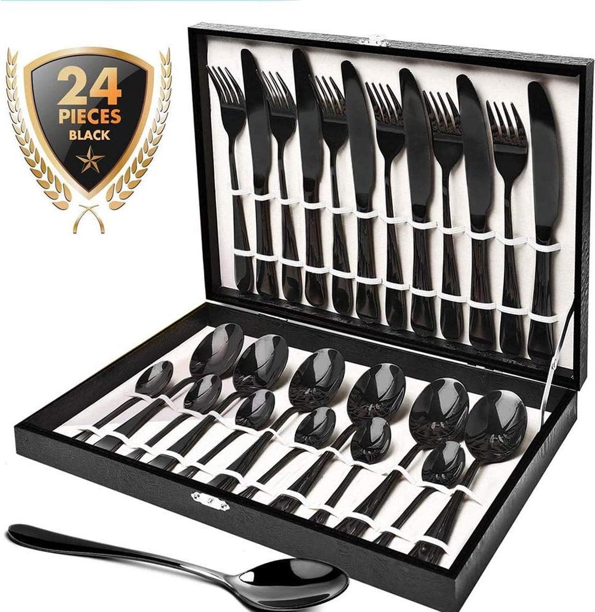 Mastersøn - Luxe Bestekset - Met Luxe Koffer - 24 Stuks - 6 Persoons - Hoogglans Zwart - RVS - Gepolijst - Mes - Vork - Lepel - Theelepel - Geschenkset -