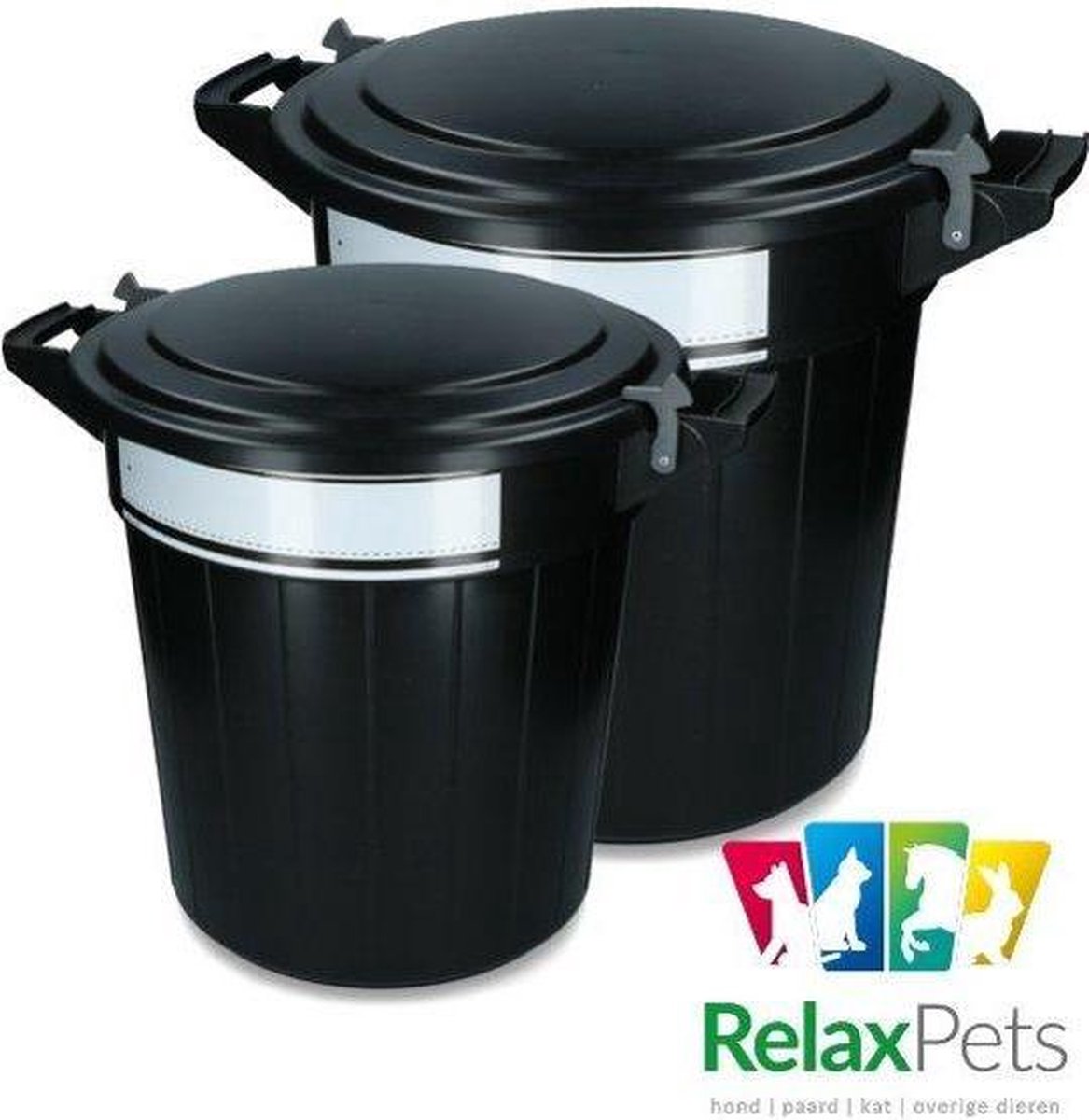 RelaxPets - Voerton - Voer Bewaar Box - Feed Bucket - Schrijflabel -  Lock Sluiting -  Inclusief Deksel  - Zwart - 40 & 80 Liter -  40L 46x44.5cm - 80L 55x55.5cm - 2 Verschillende maten