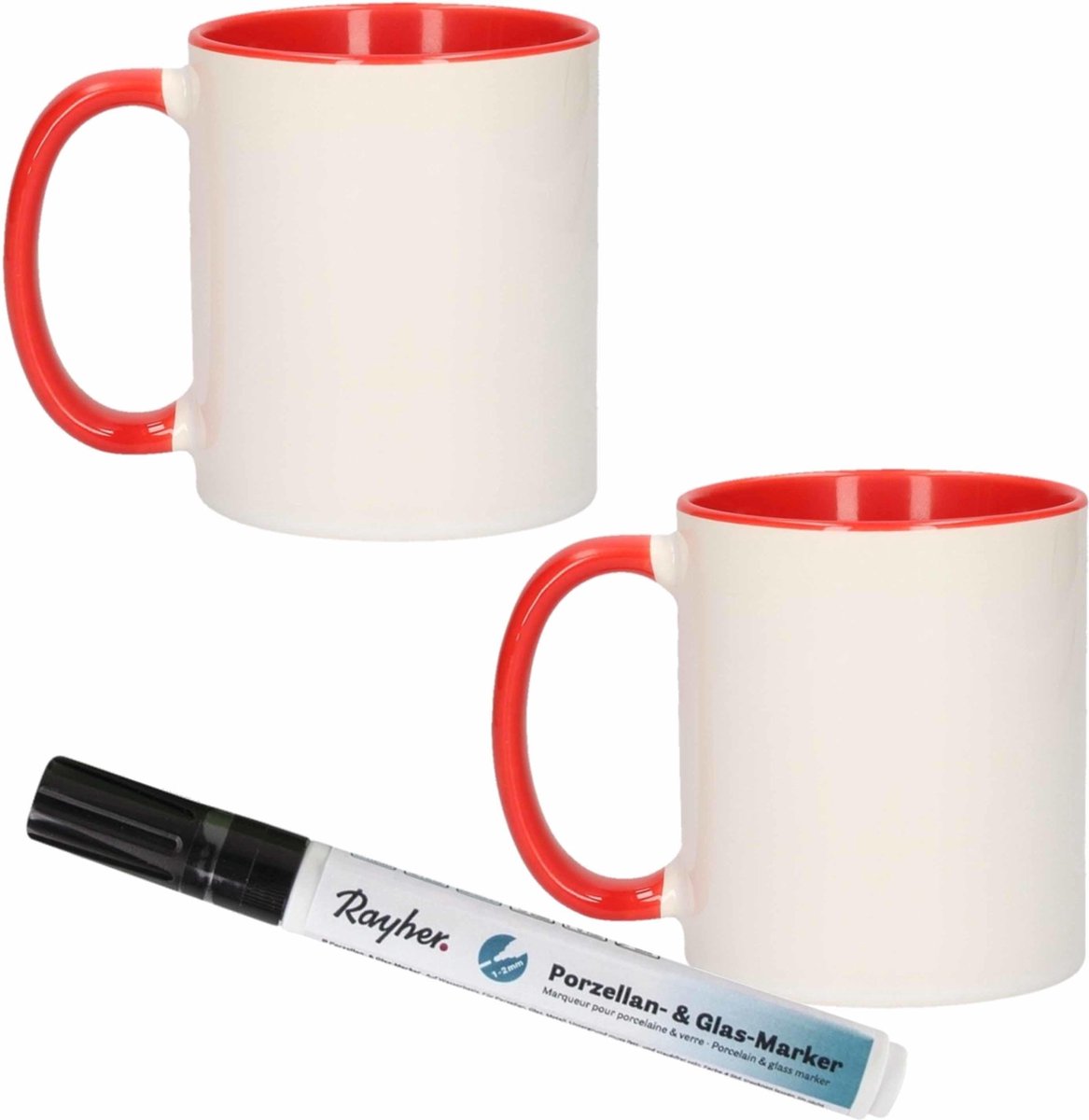 4x stuks rood/witte drink mokken van keramiek met een zwarte porseleijn marker stift - Maak uw eigen mokken