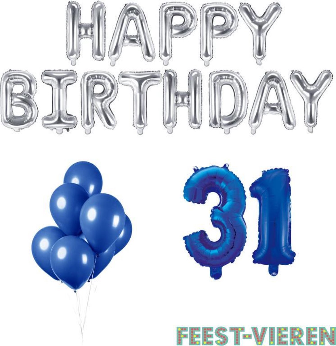 31 jaar Verjaardag Versiering Ballon Pakket Blauw & Zilver