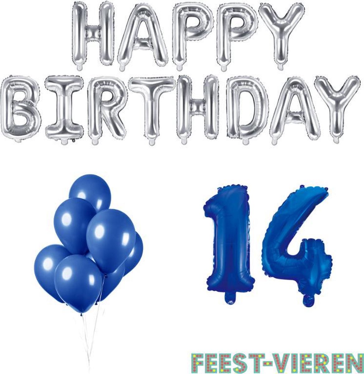 14 jaar Verjaardag Versiering Ballon Pakket Blauw & Zilver