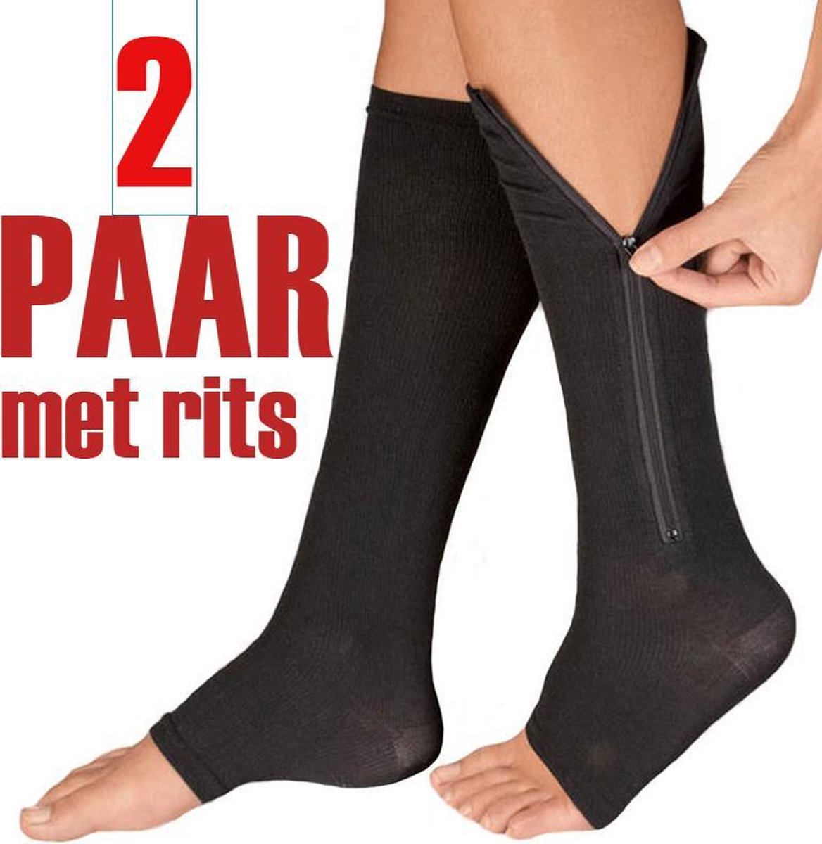 2 PAAR Compressiekousen met RITS | Steunkousen | Vliegtuigsokken voor op reis of vakantie | Compressie sokken ritssluiting | Reiskousen | bloedcirculatie | vochtafdrijvend | Etalagebenen | beige | L / XL | 2 Paar / Kleur: ZWART