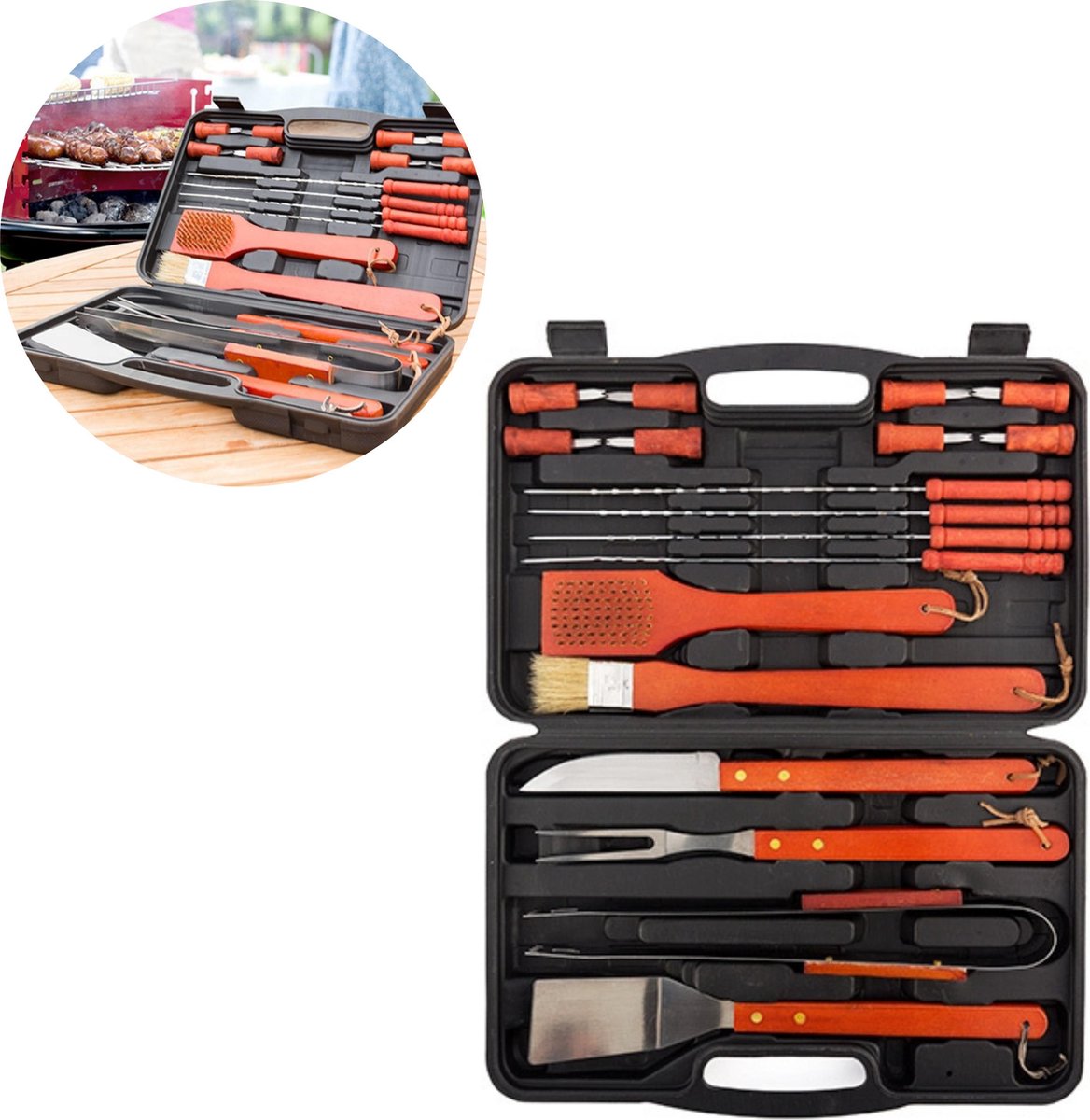 BBQ Accesoires Barbecue BBQ Tang Luxe BBQ Set 18 Items RVS - Koffer - Houten Greep - 36CM