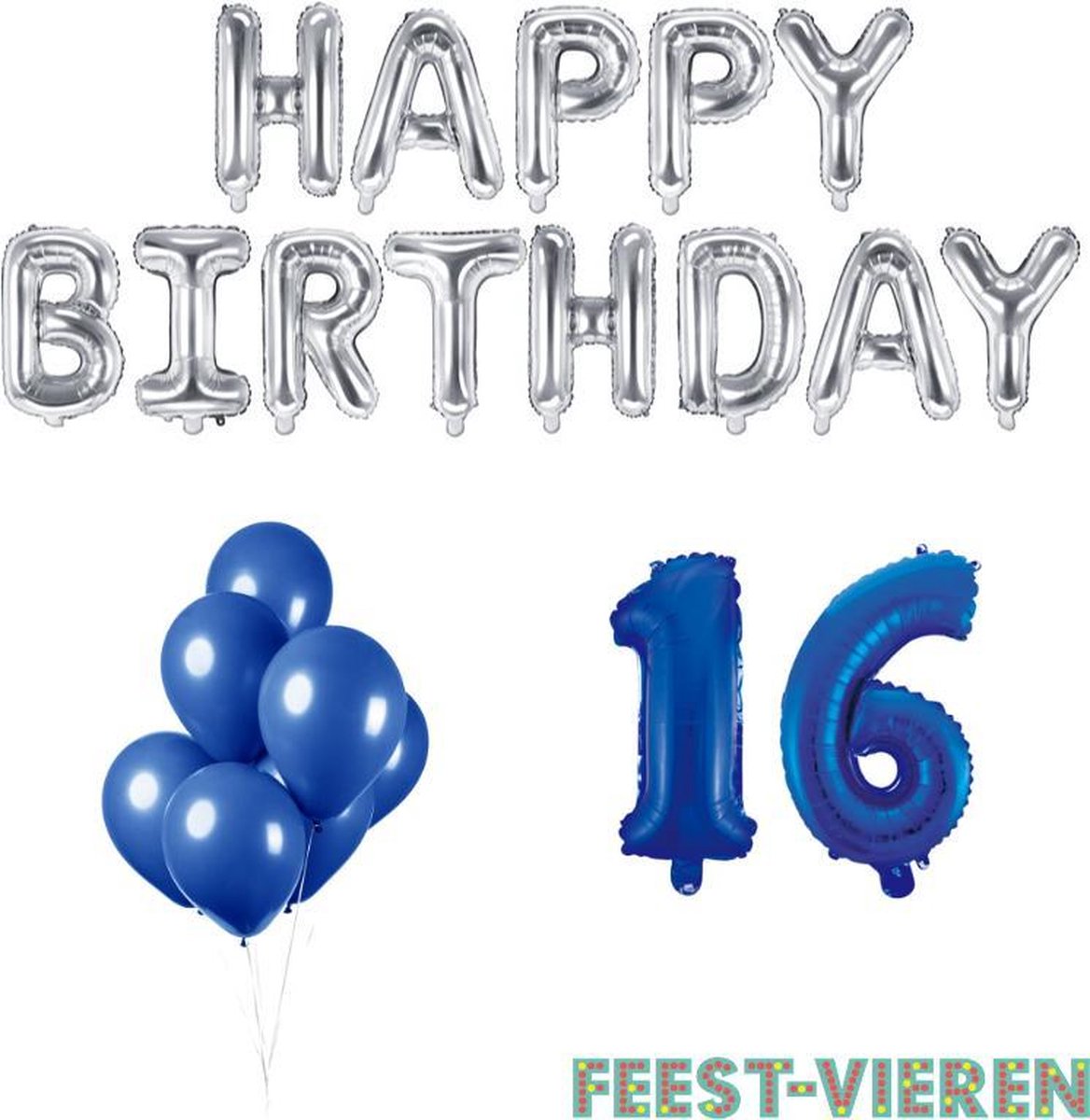 16 jaar Verjaardag Versiering Ballon Pakket Blauw & Zilver