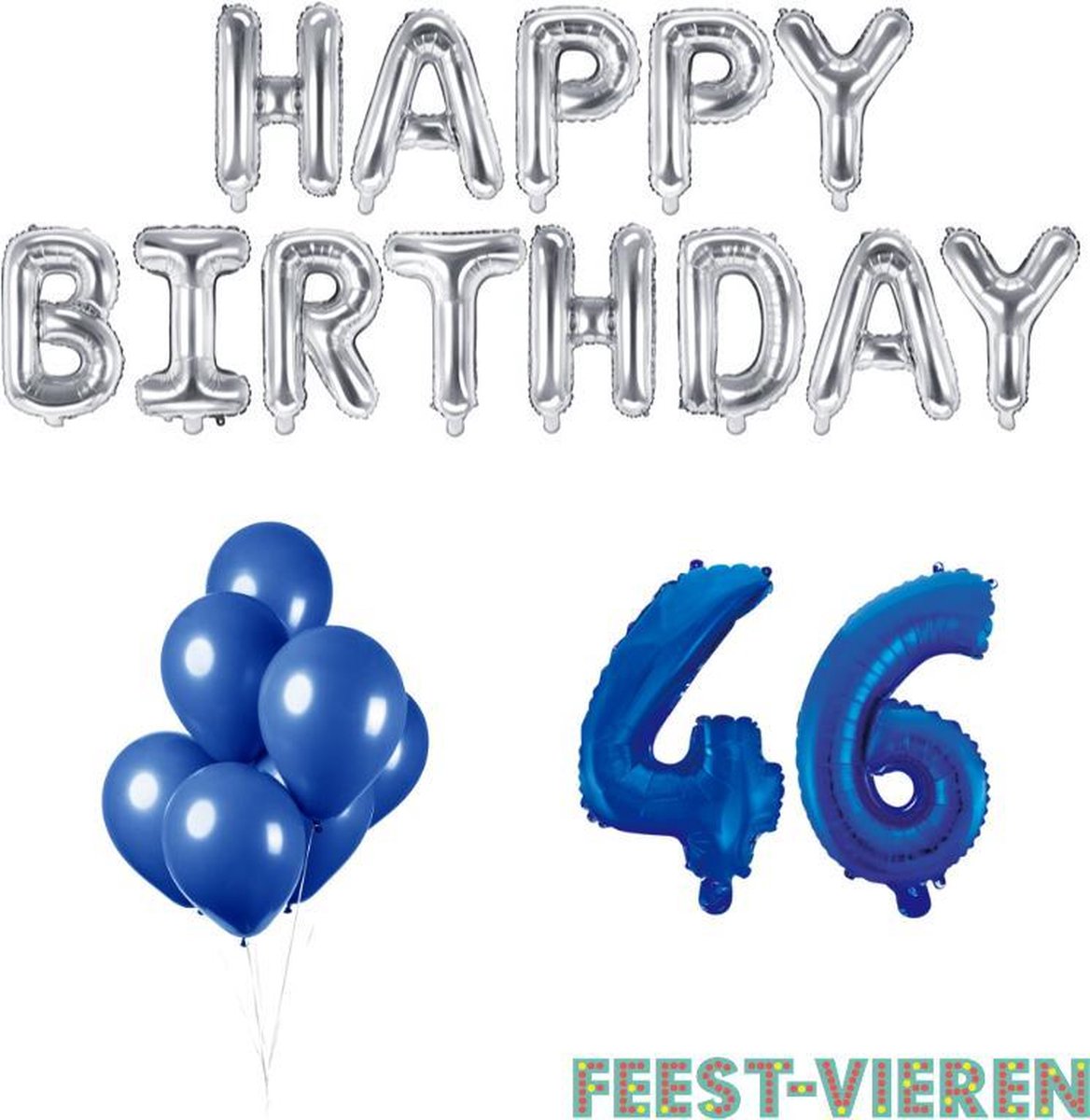 46 jaar Verjaardag Versiering Ballon Pakket Blauw & Zilver