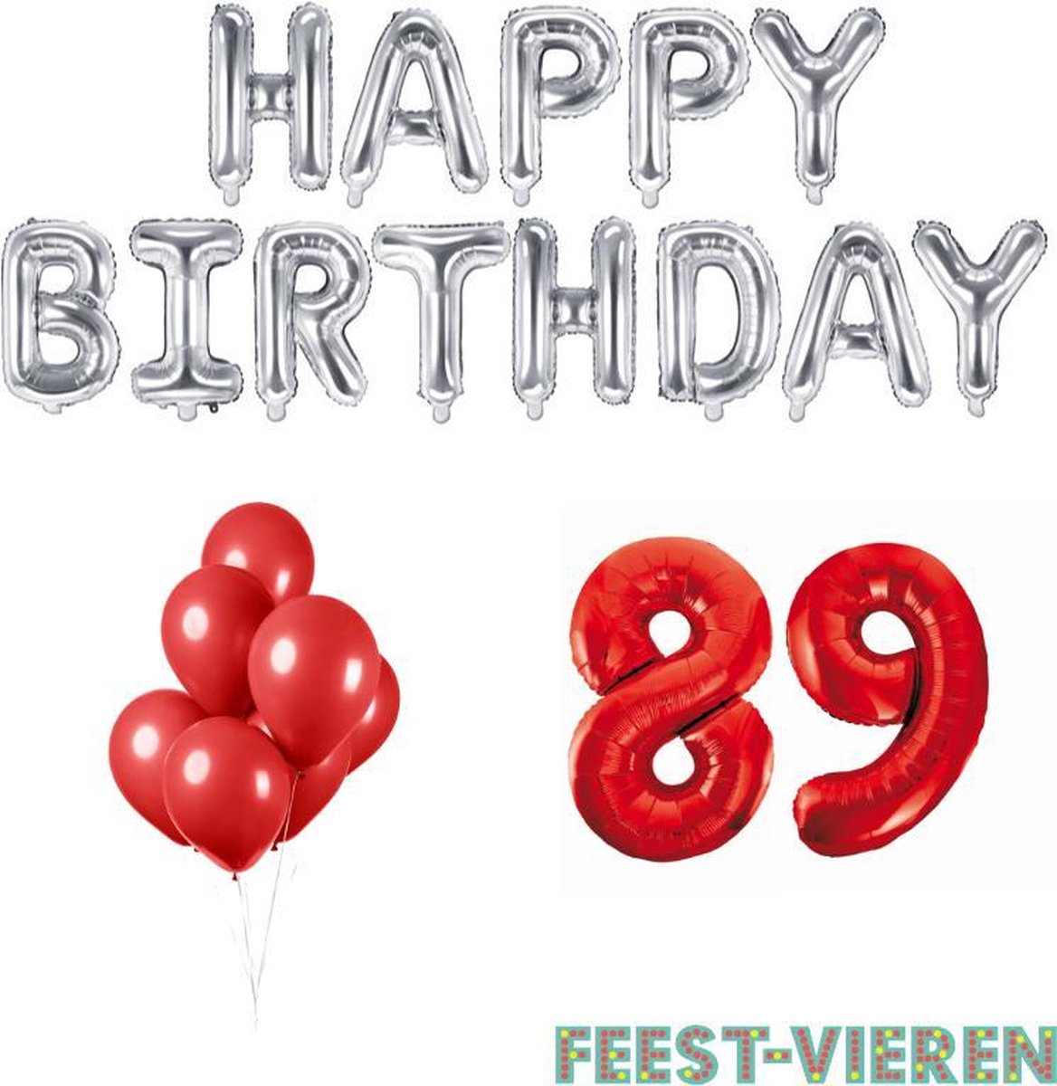 89 jaar Verjaardag Versiering Ballon Pakket Rood & Zilver
