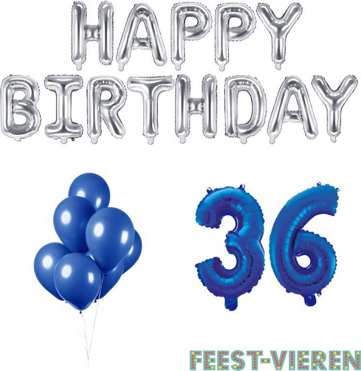 36 jaar Verjaardag Versiering Ballon Pakket Blauw & Zilver