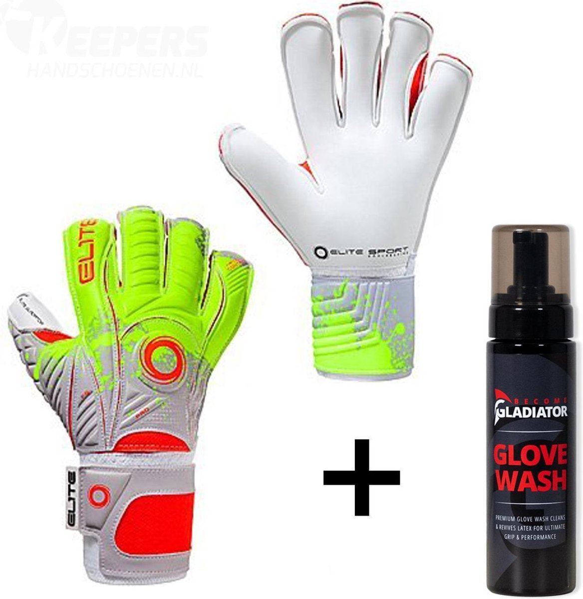 Elite Gladiator Keepershandschoenen + Gladiator Sports Handschoenenreiniger Wash - Maat 6