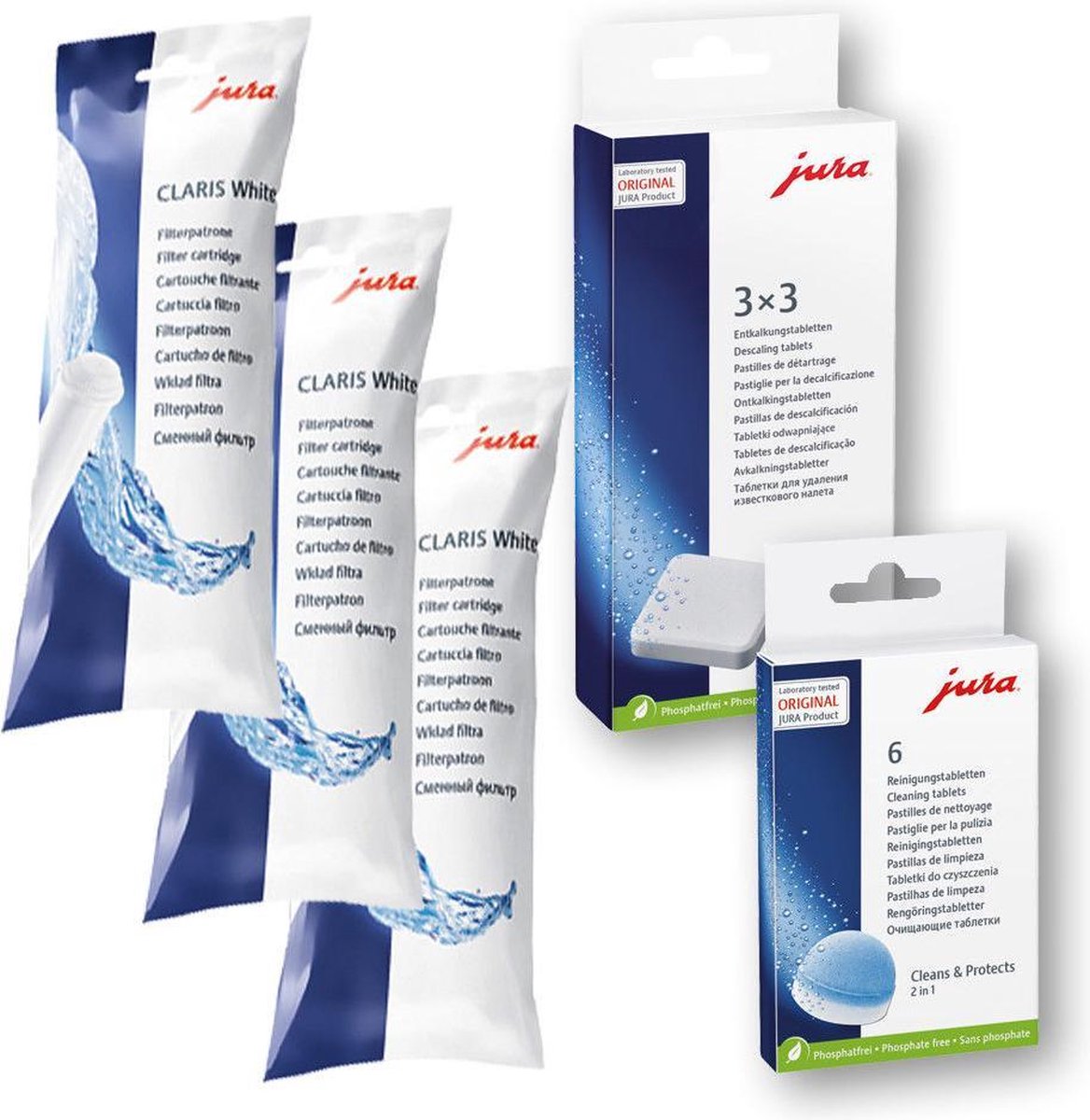 3X Jura White waterfilter 60209 + 1x jura ontkalkingstabletten + 1x Jura reinigingstablet