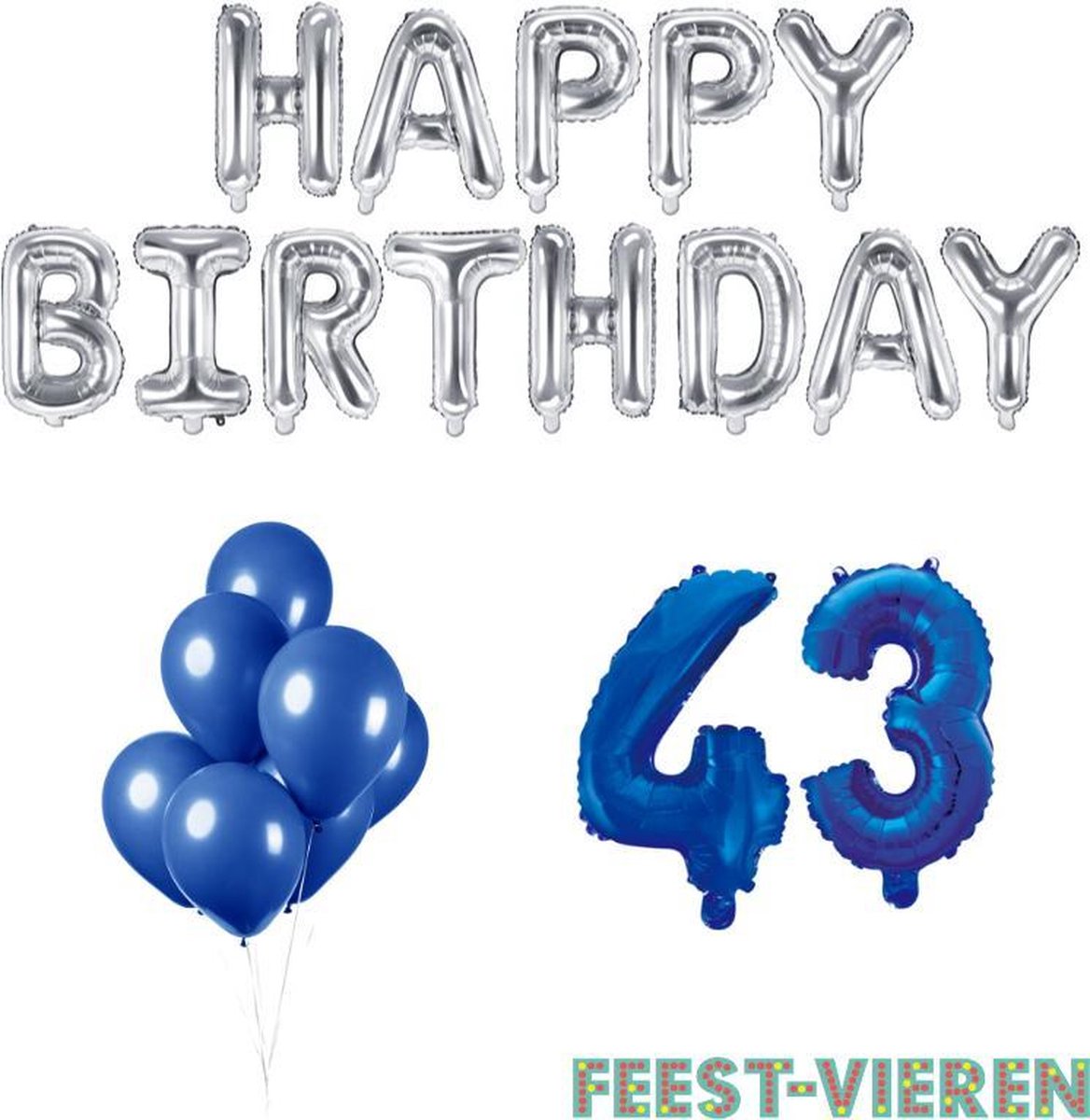 43 jaar Verjaardag Versiering Ballon Pakket Blauw & Zilver