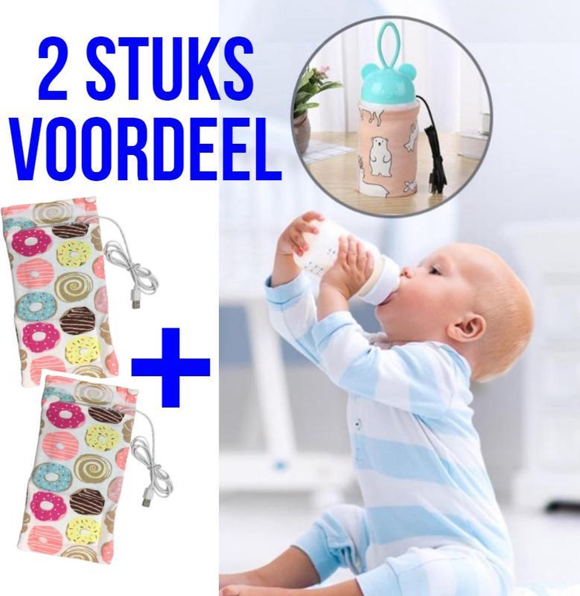 Allernieuwste 2 STUKS USB Baby Fles Warmer model Donuts- Heater - Reisaccessoire - Draagbaar - Klittenband - Kleur