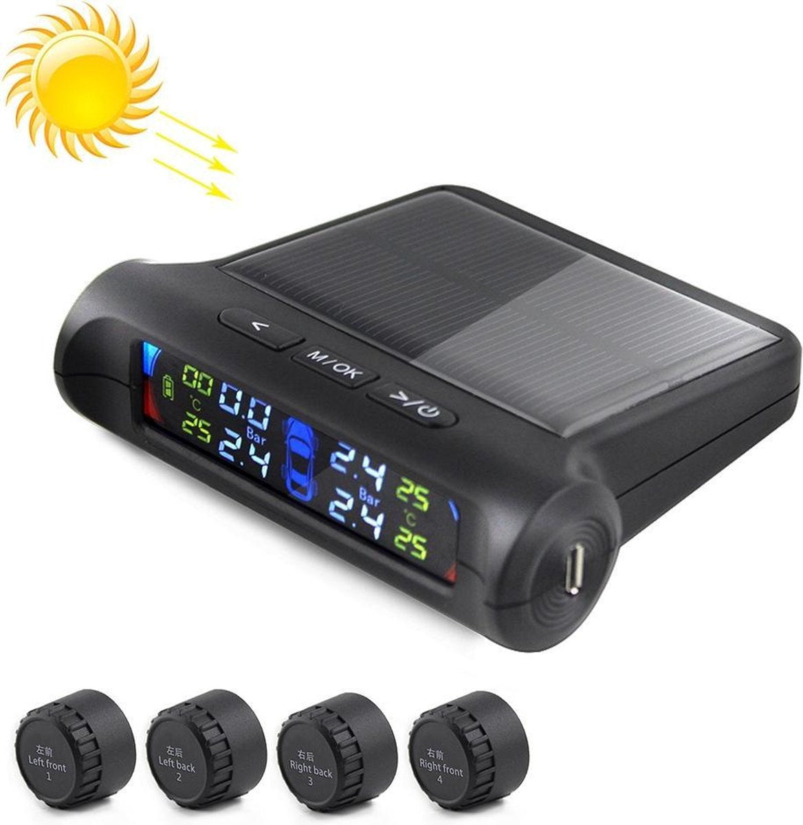 PZ802-E Zonne-energie Video TPMS externe bandenspanningscontrole met LCD-kleurenscherm (zwart)