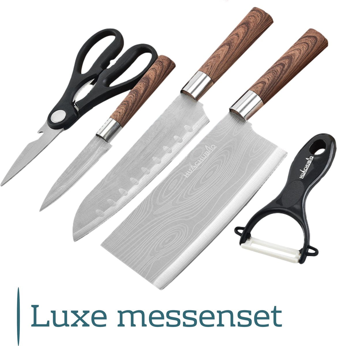 Perow 5-delege luxe messen set - Koksmes - Hakbijl - Universeel mes - Dunschiller - Keuken schaar - Houtlook - Messenset