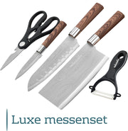 Perow 5-delege luxe messen set - Koksmes - Hakbijl - Universeel mes - Dunschiller - Keuken schaar - Houtlook - Messenset