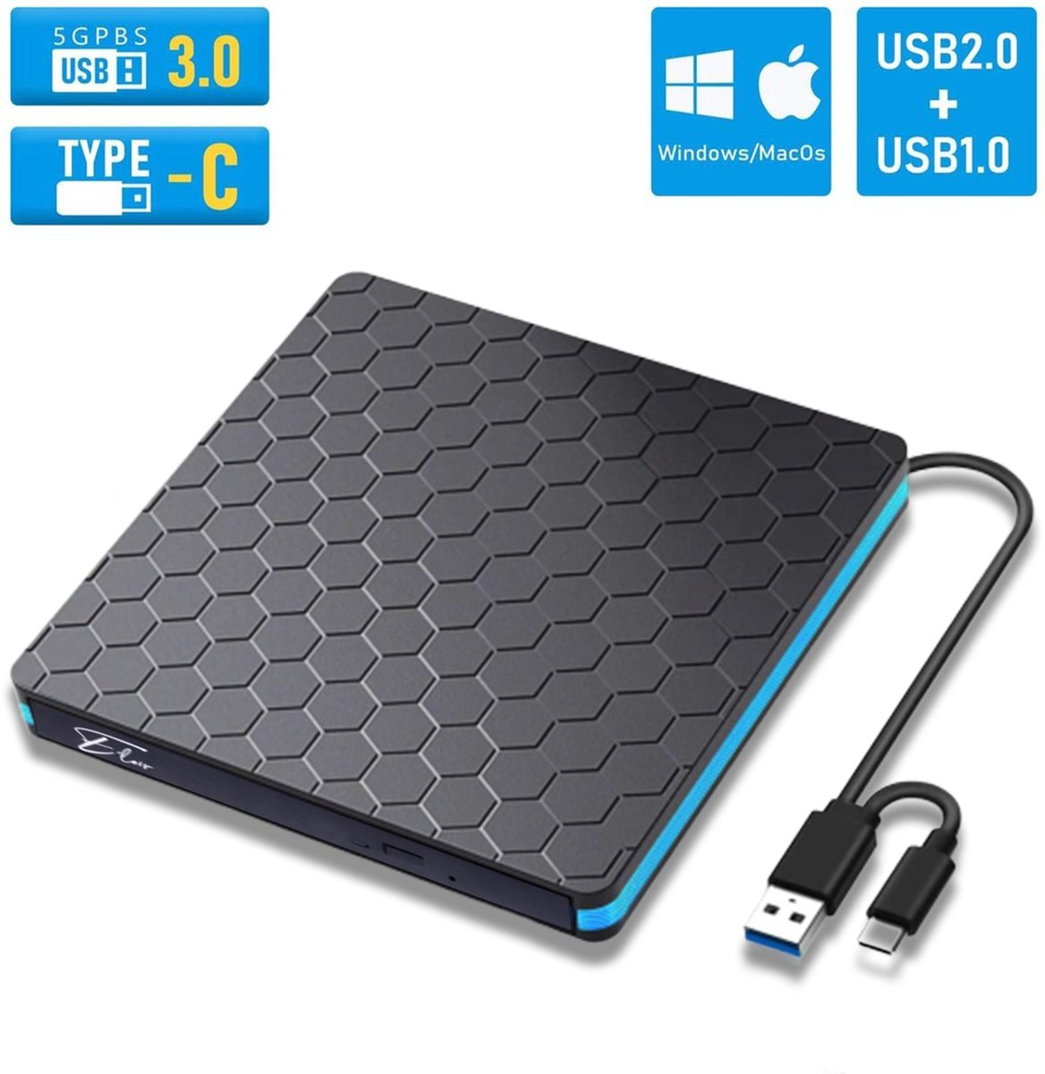 E'loir Externe CD/DVD Speler en Brander voor laptop en PC - USB 3.0 & USB-C - Zwart