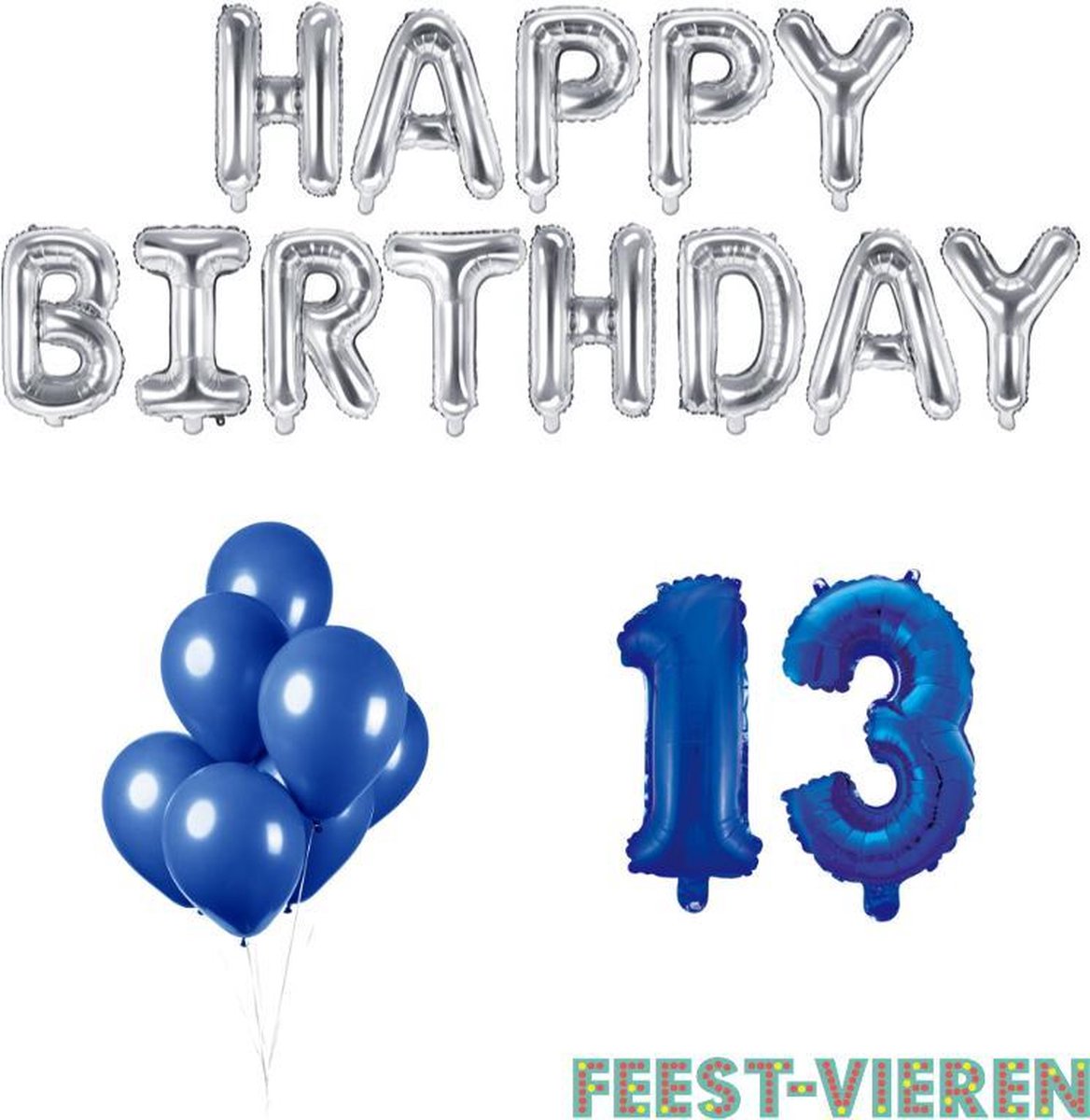 13 jaar Verjaardag Versiering Ballon Pakket Blauw & Zilver