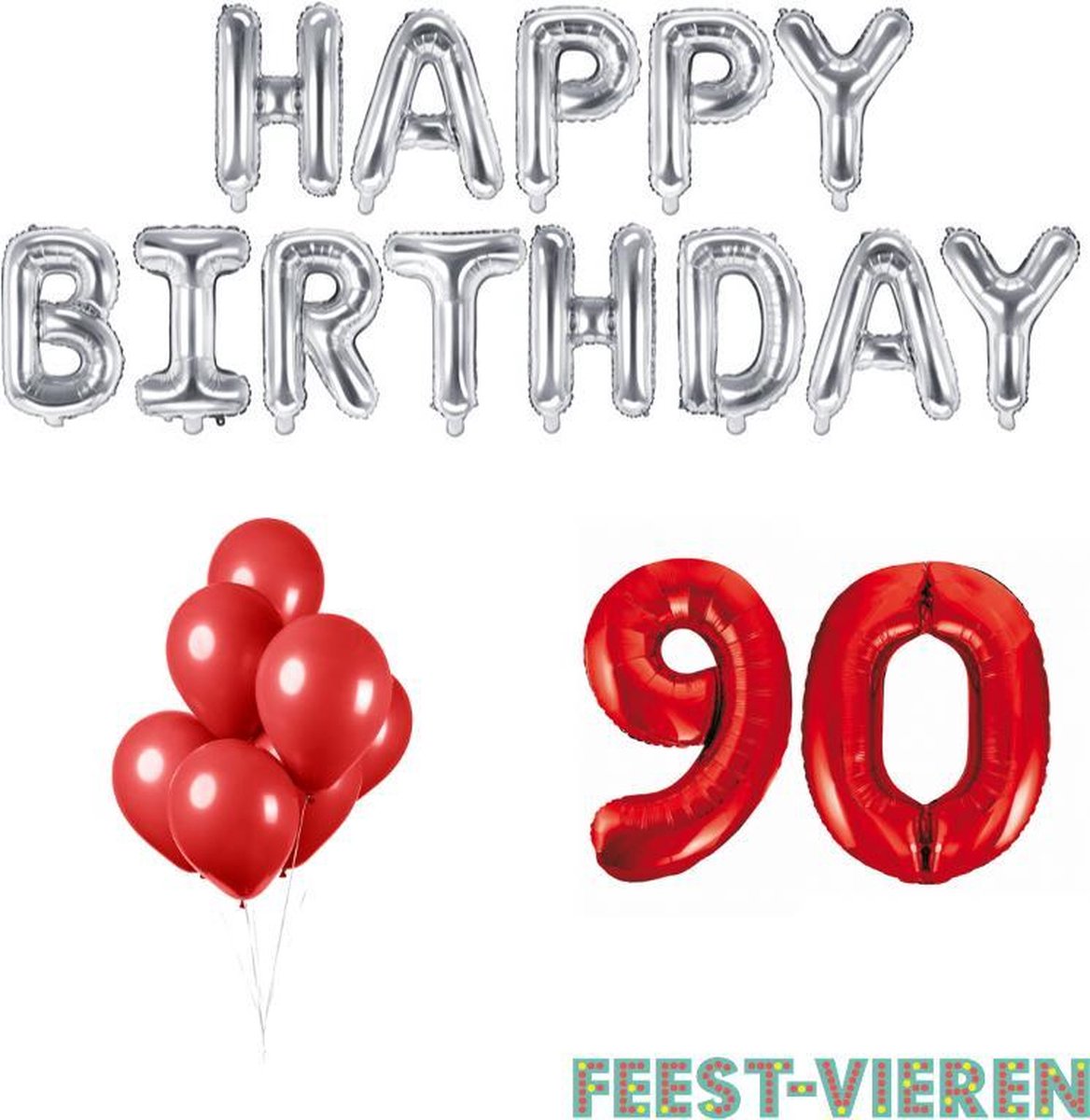 90 jaar Verjaardag Versiering Ballon Pakket Rood & Zilver