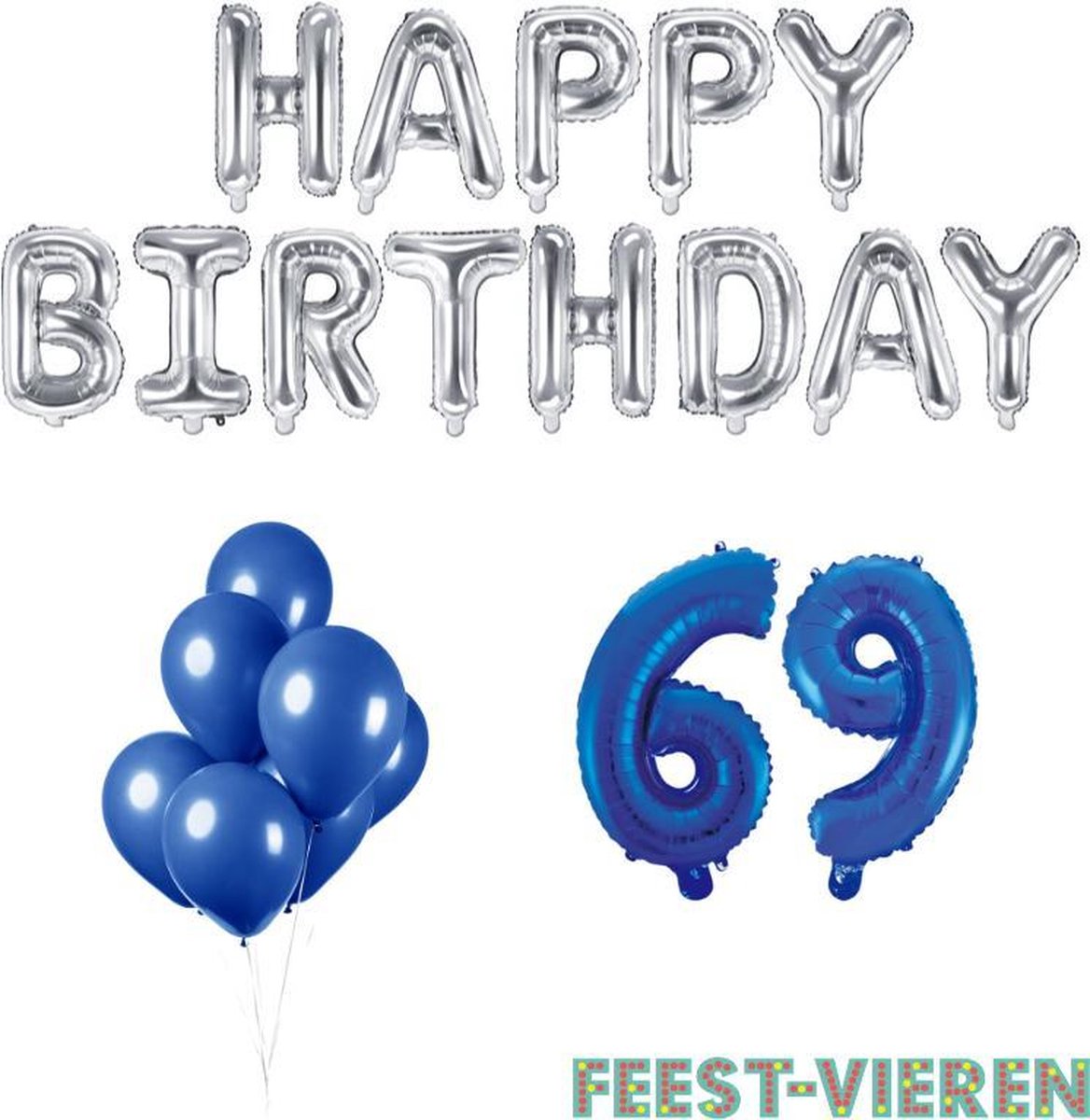 69 jaar Verjaardag Versiering Ballon Pakket Blauw & Zilver