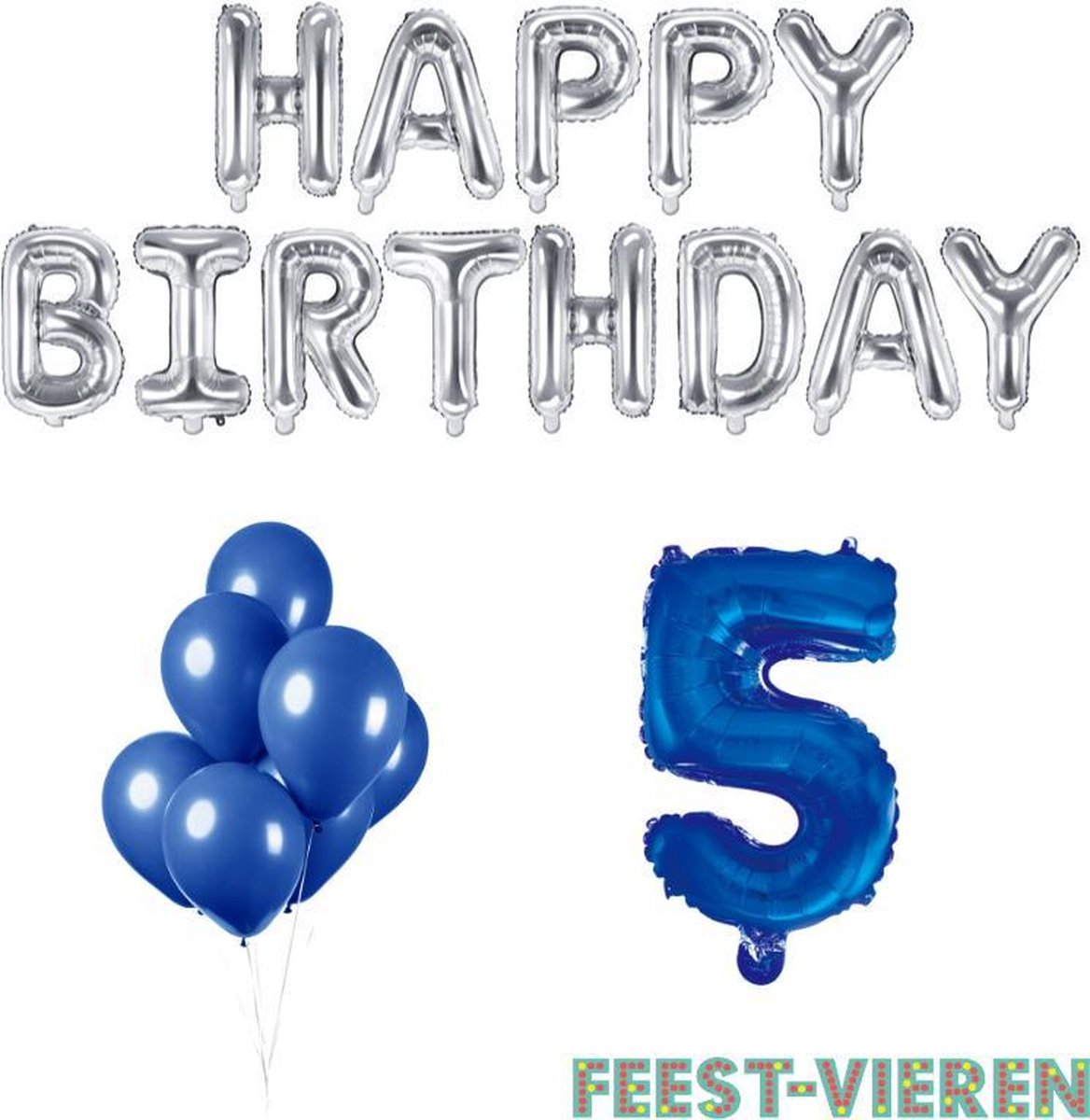5 jaar Verjaardag Versiering Ballon Pakket Blauw & Zilver