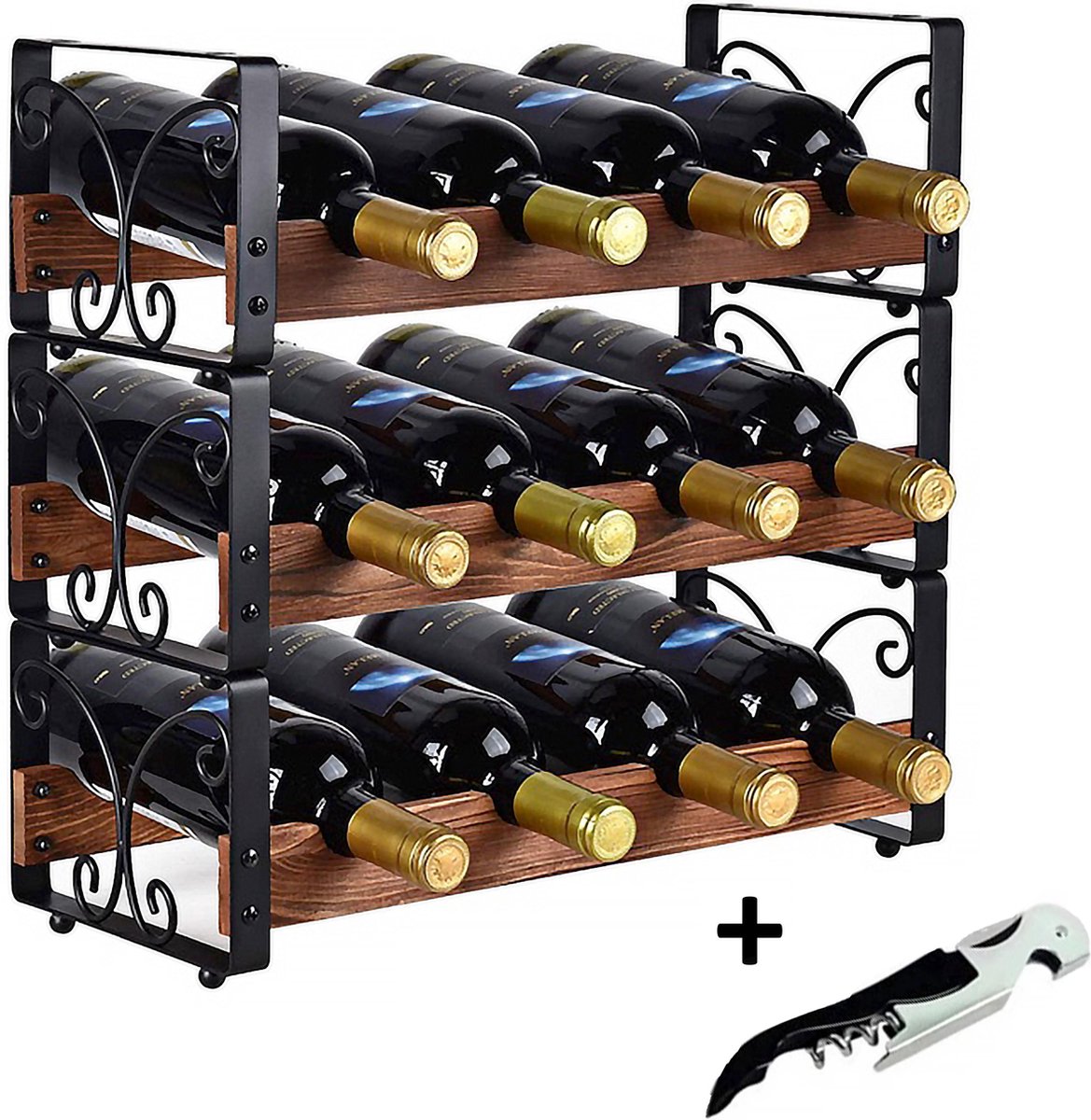 Luxergoods Wijnfleshouder - Wijnrek - Gratis Wijnflesopener -  Voor 12 flessen - 3 Delig Stapelbaar Olijvenhout Flessenrek - Hout