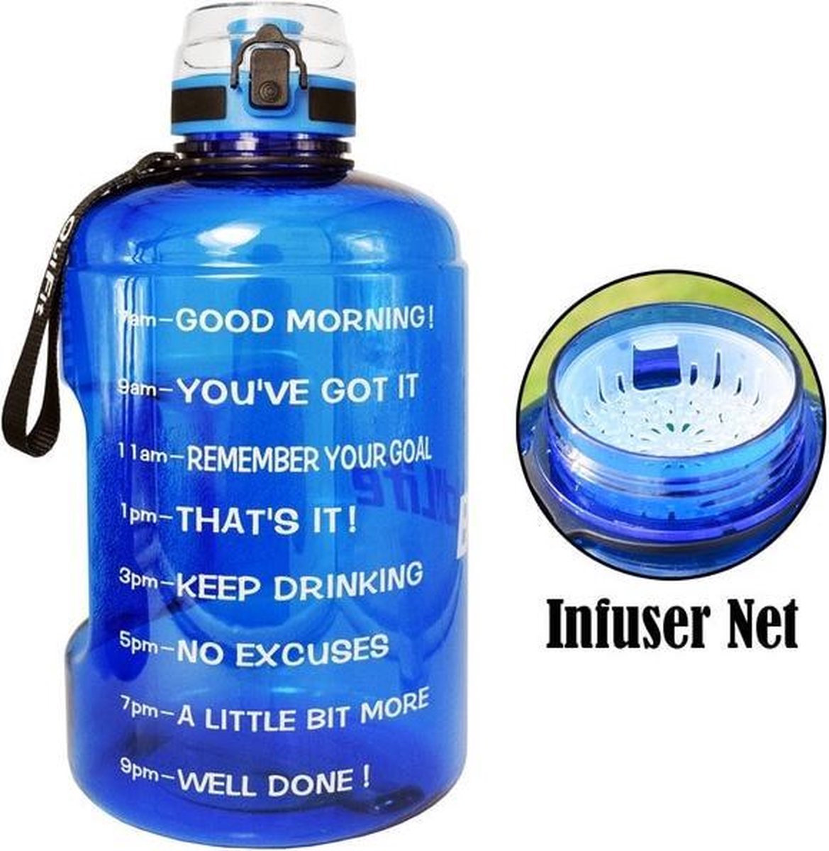 Drinkfles met Tekst - Waterbidon Buildlife 2.2 liter -  Waterfles Quifit - Drinkflessen Volwassenen - Waterfles met Fruit Filter - Motivatie Waterfles - Sportfles Blauw