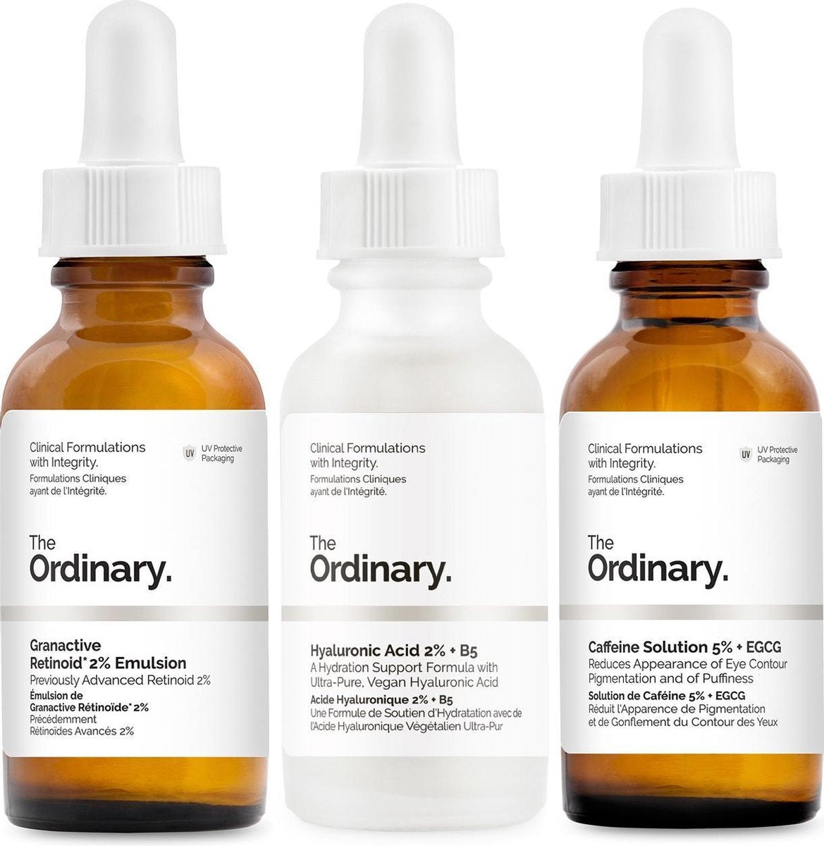 The Ordinary | Tripple set | Anti-rimpel en Anti-aging | voor een jonger ziende huid | Egale huid | Tegen veroudering | Caffeine Solution 5% + EGCG 30ml | Hyaluronic Acid 2% + B5 30ml | Granactive Retinoid 2% Emulsion 30ml