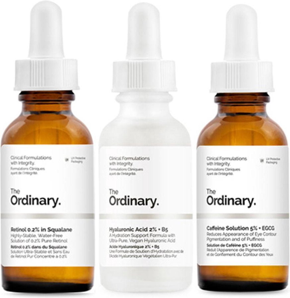 Trio set Face Serum! The Ordinary Caffeine Solution 5% + EGCG! The ordinary Retinol 0.2% in Squalane! The Ordinary Hyaluronic Acid 2% + B5 - Vertraagt de huid tegen veroudering - Egale huid - Gezichtspeeling - Gezichtsserum